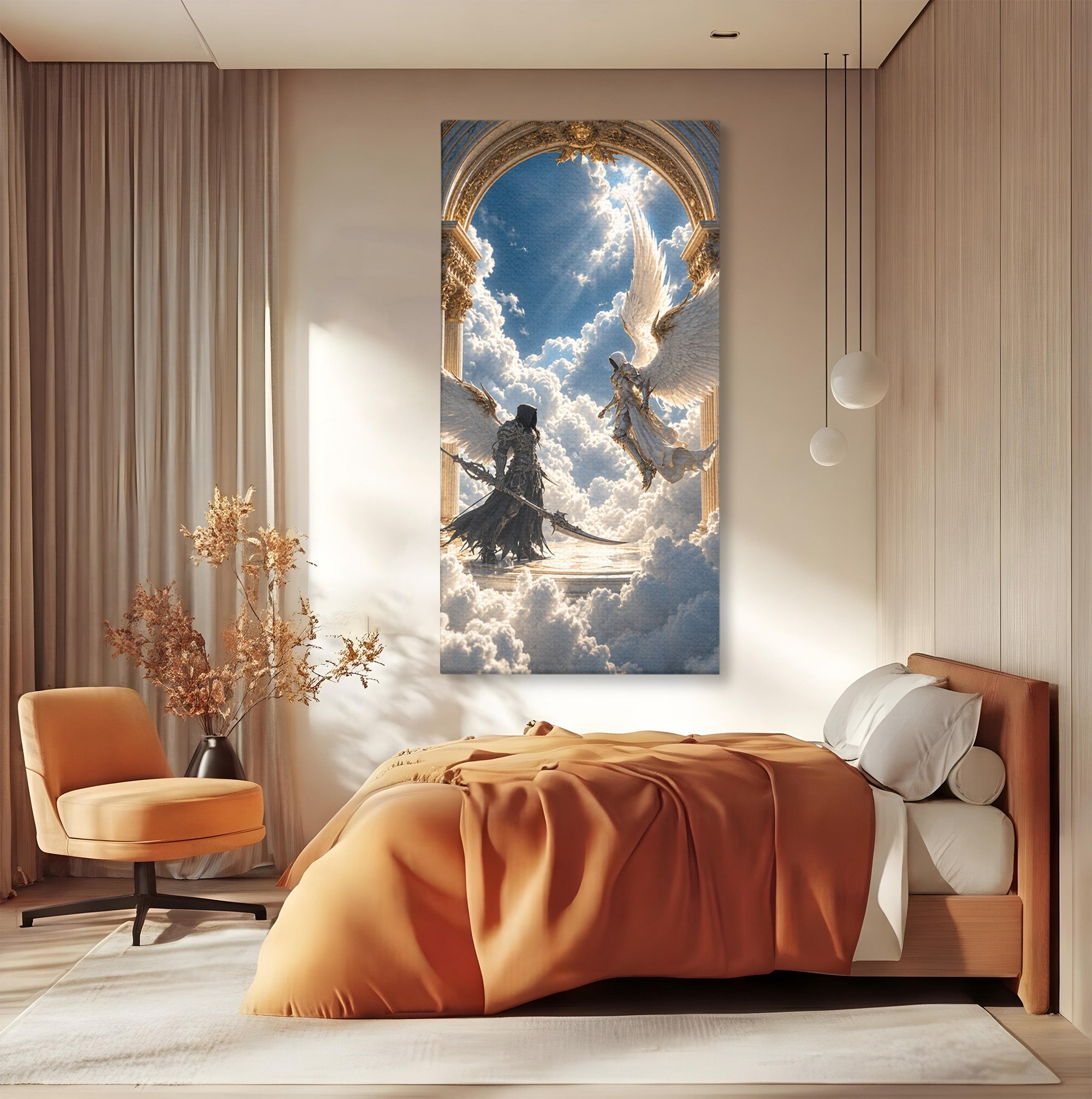 Tablou Canvas Premium LuxCanva® U1060, Inger Si Demon In Ceruri, Ceruri, Fantezie, Confruntare, Inger, Demon, Living, Culori Vibrante