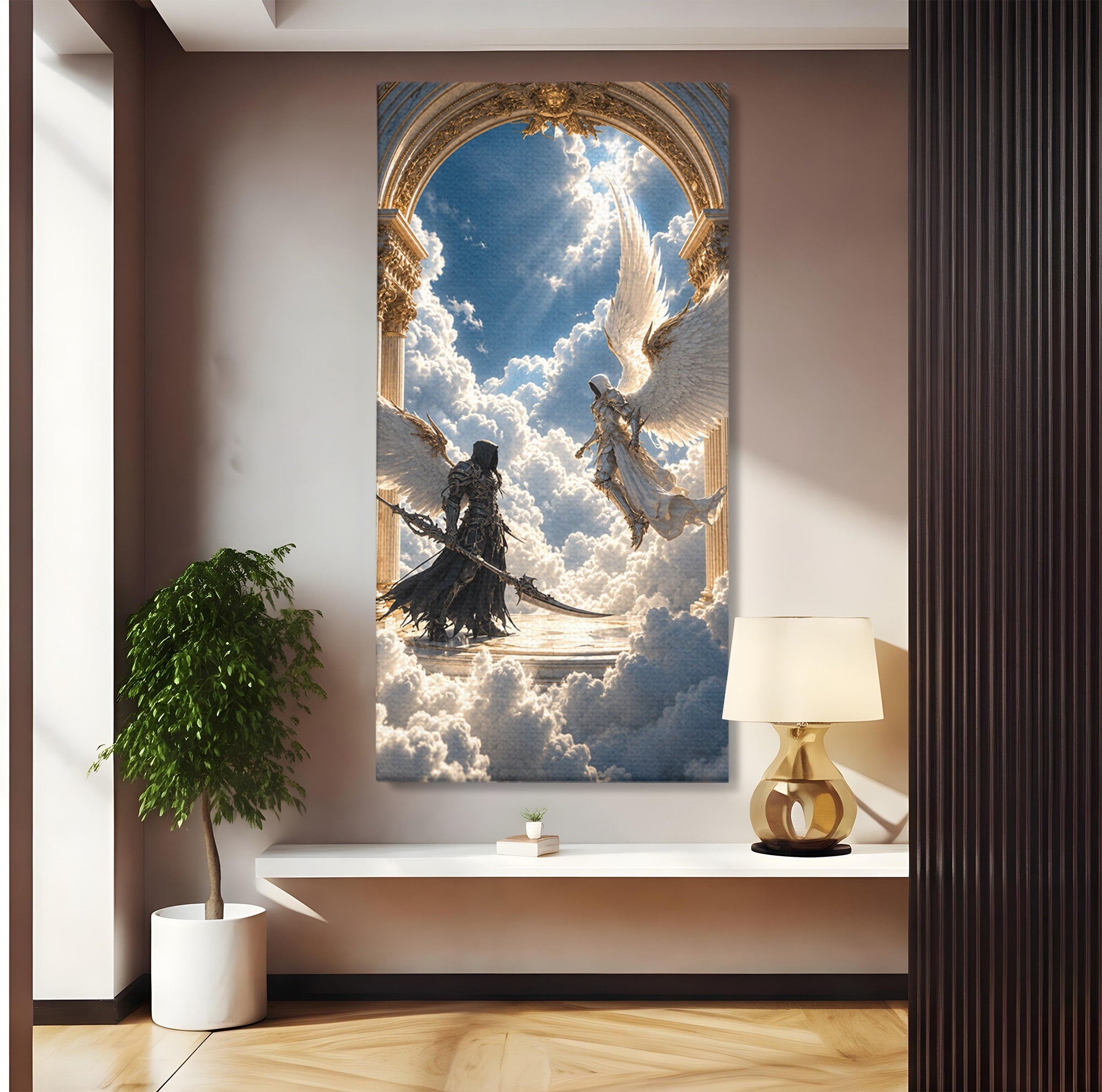 Tablou Canvas Premium LuxCanva® U1060, Inger Si Demon In Ceruri, Ceruri, Fantezie, Confruntare, Inger, Demon, Living, Culori Vibrante