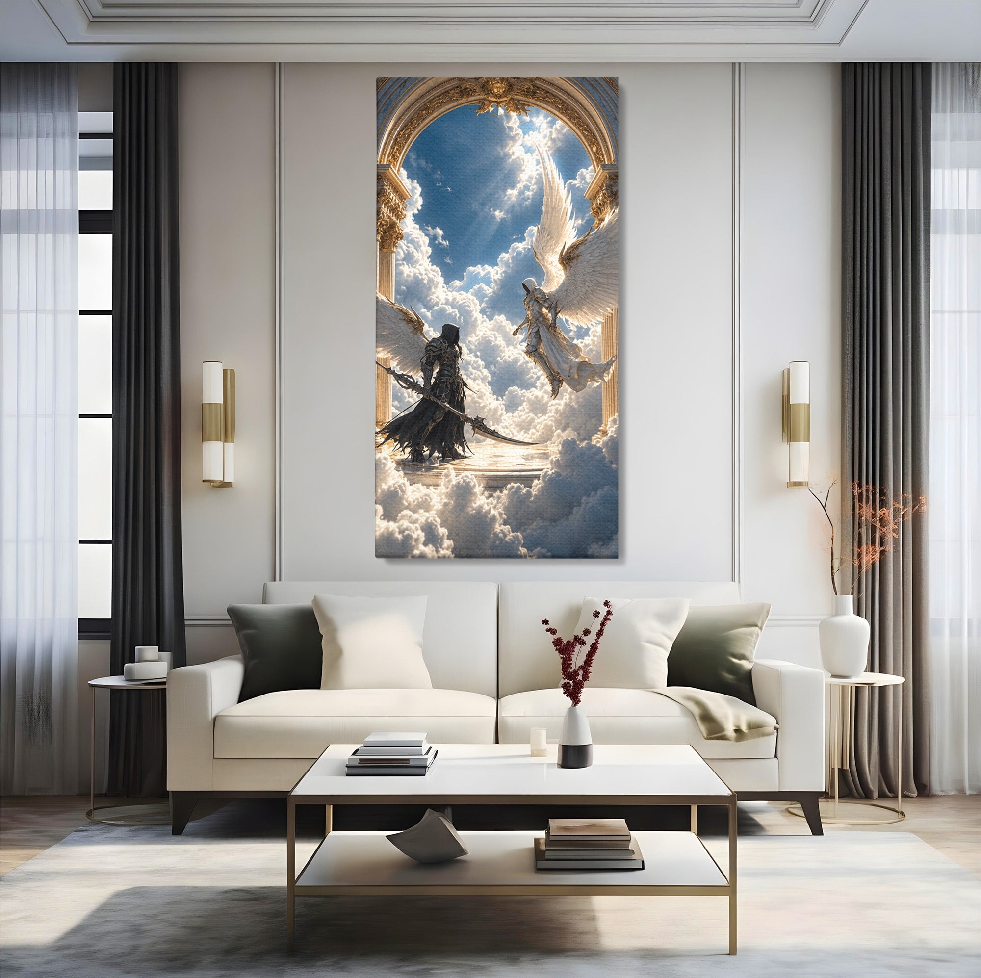 Tablou Canvas Premium LuxCanva® U1060, Inger Si Demon In Ceruri, Ceruri, Fantezie, Confruntare, Inger, Demon, Living, Culori Vibrante