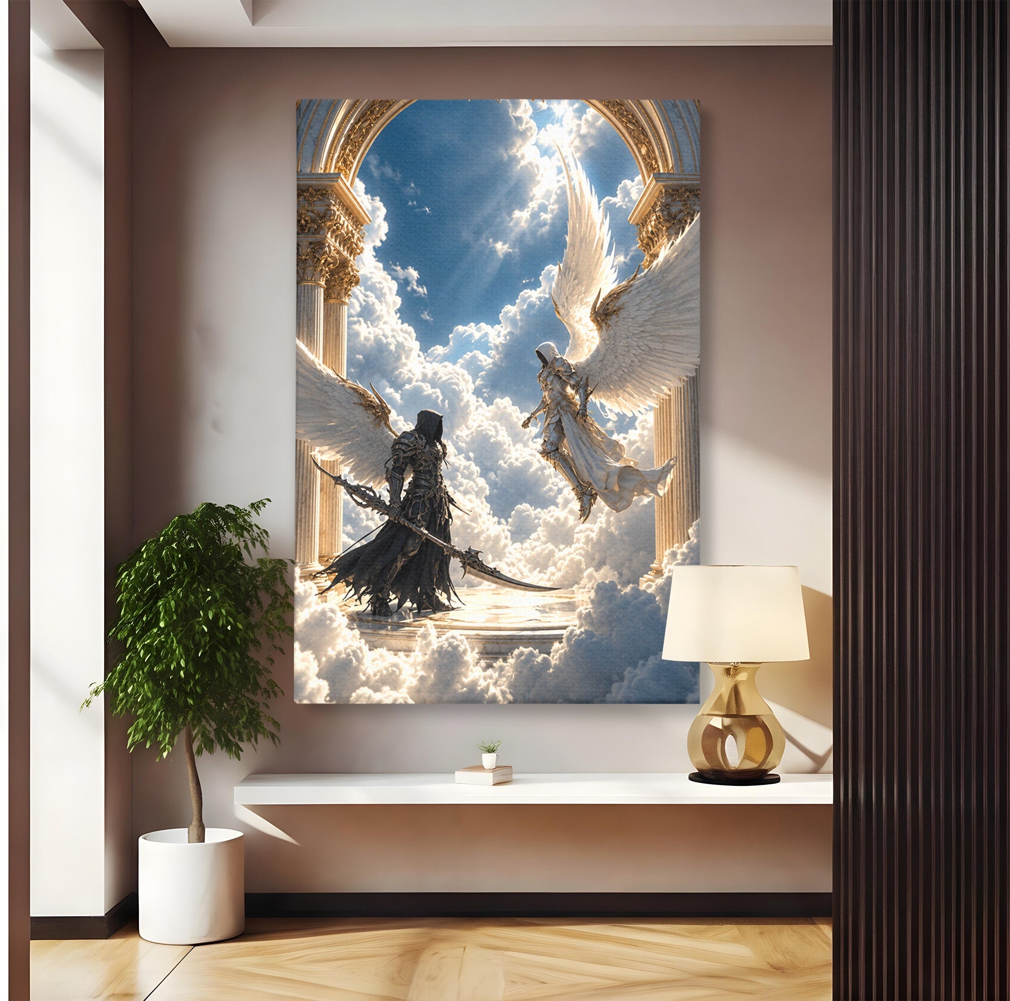Tablou Canvas Premium LuxCanva® U1060, Inger Si Demon In Ceruri, Ceruri, Fantezie, Confruntare, Inger, Demon, Living, Culori Vibrante