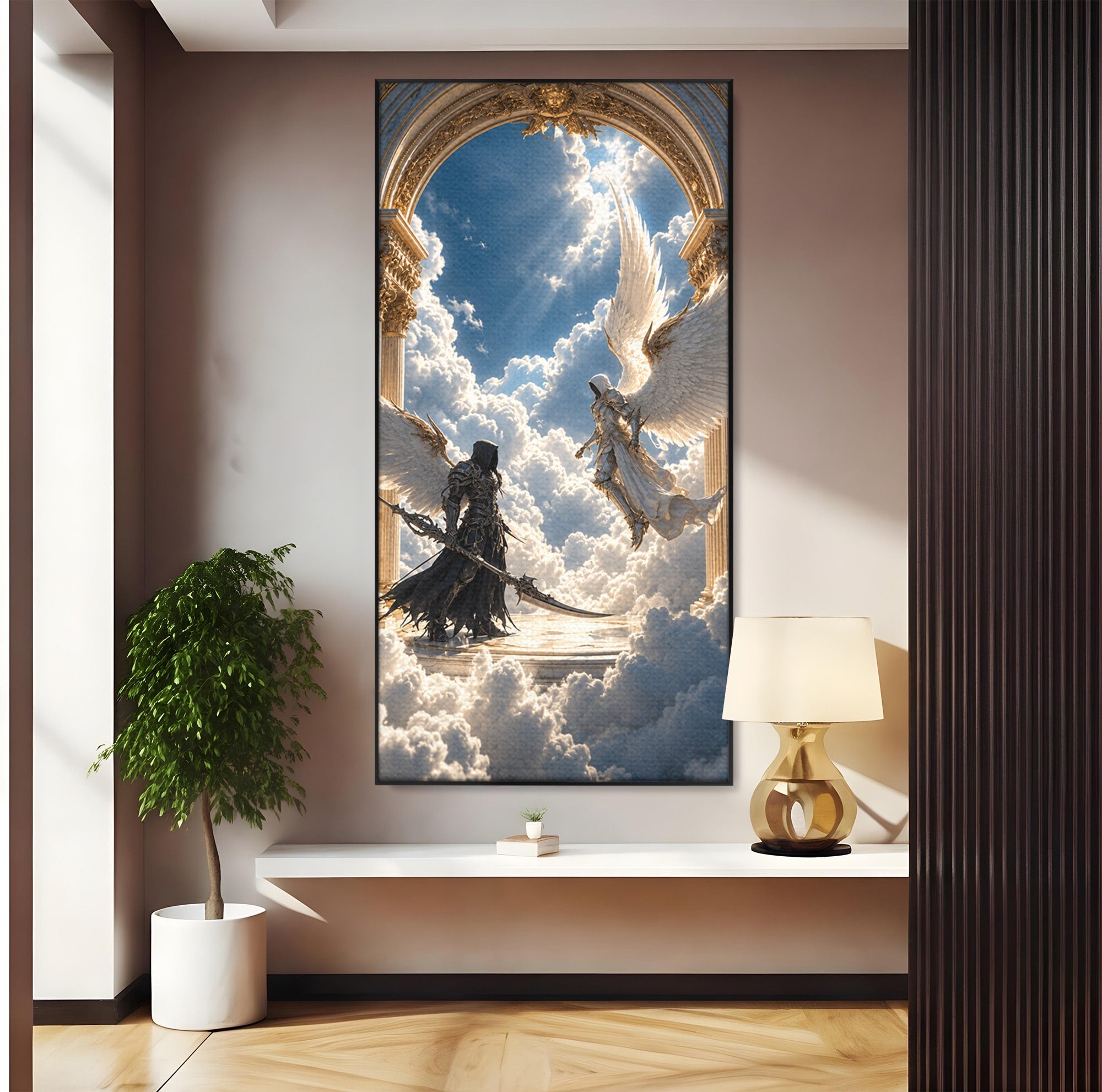 Tablou Canvas Premium LuxCanva® U1060, Inger Si Demon In Ceruri, Ceruri, Fantezie, Confruntare, Inger, Demon, Living, Culori Vibrante