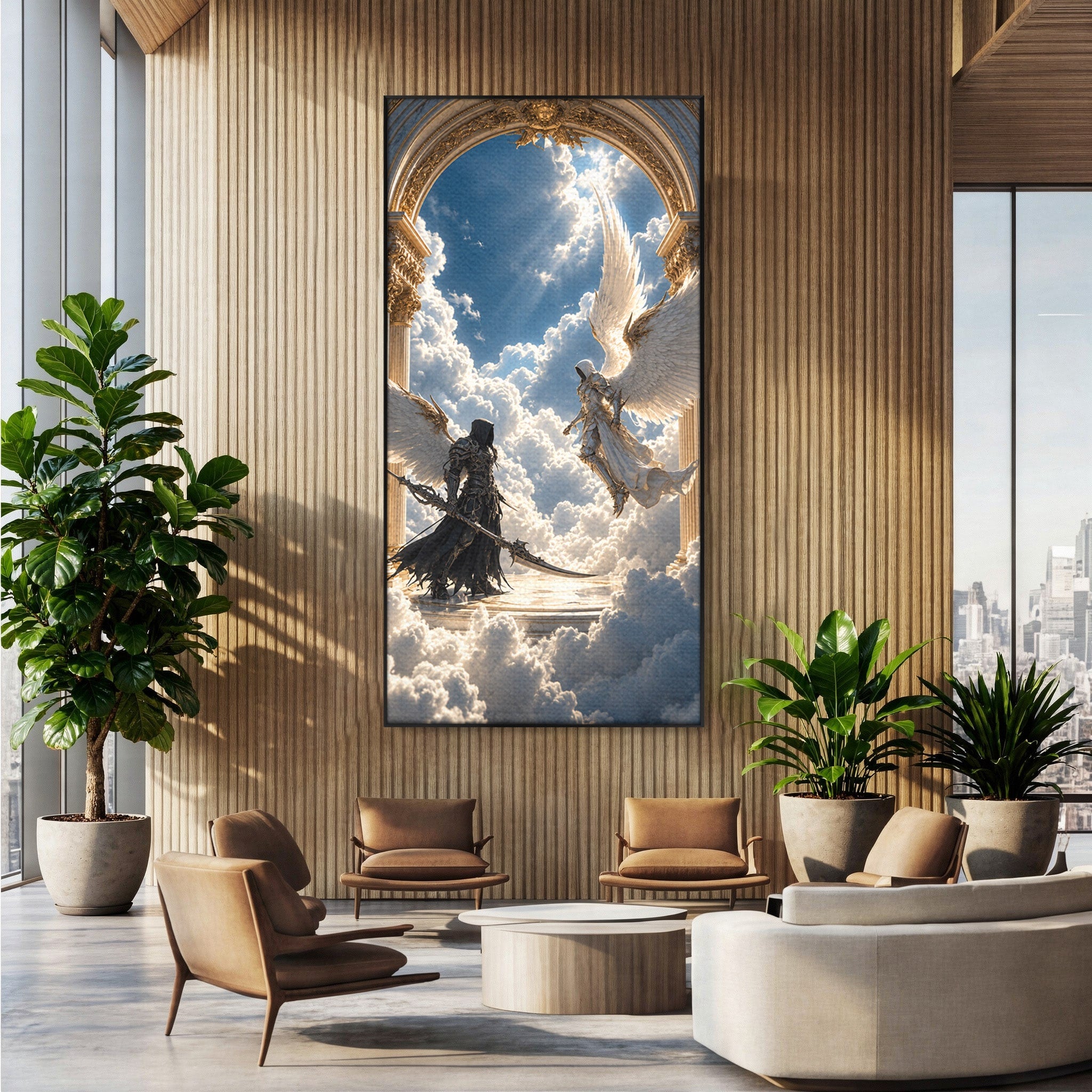 Tablou Canvas Premium LuxCanva® U1060, Inger Si Demon In Ceruri, Ceruri, Fantezie, Confruntare, Inger, Demon, Living, Culori Vibrante