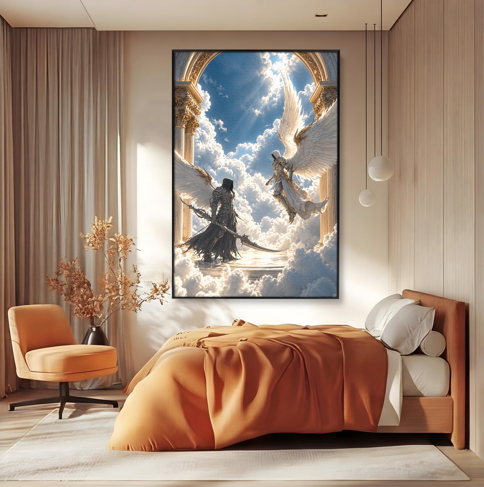 Tablou Canvas Premium LuxCanva® U1060, Inger Si Demon In Ceruri, Ceruri, Fantezie, Confruntare, Inger, Demon, Living, Culori Vibrante