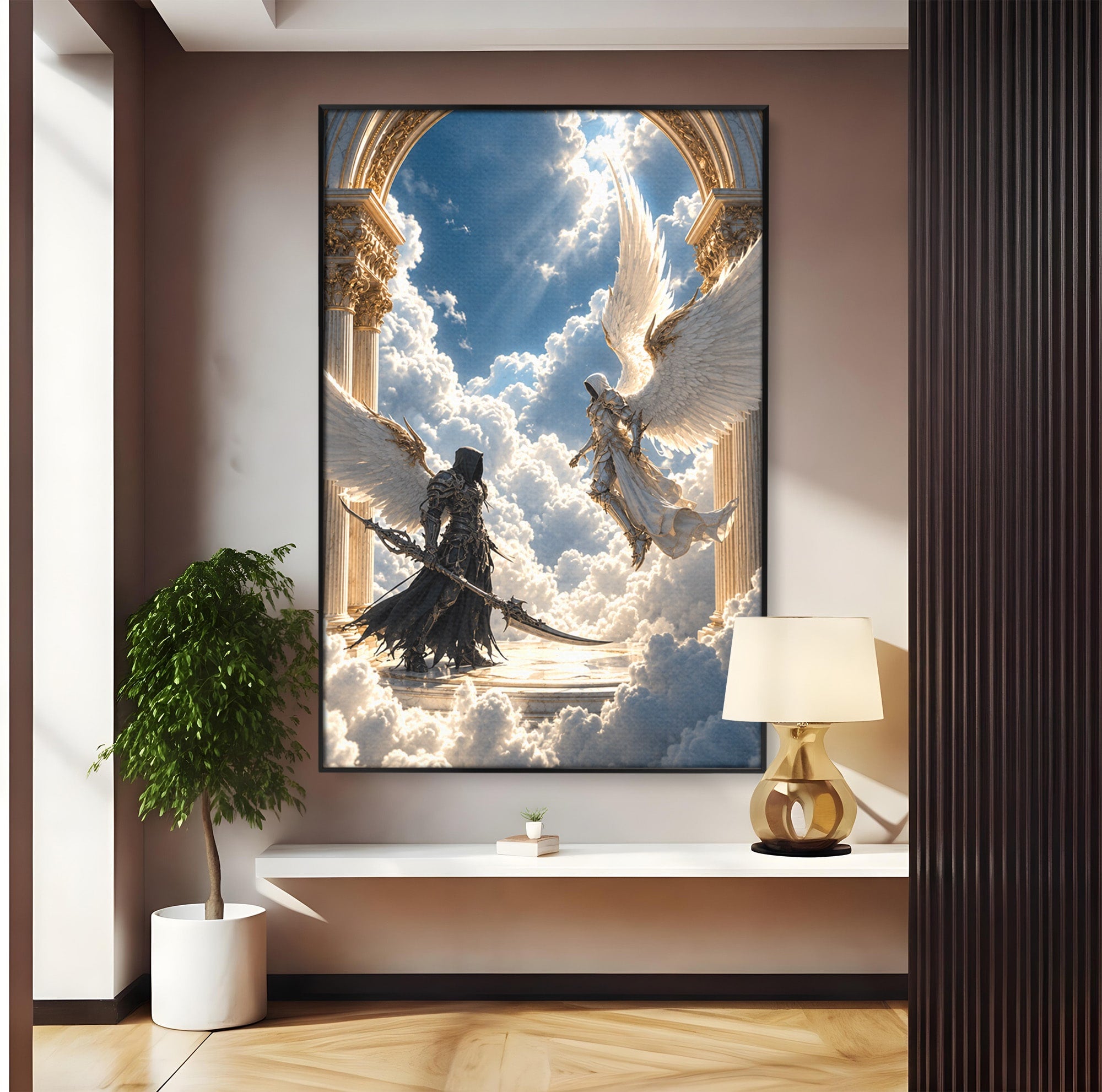 Tablou Canvas Premium LuxCanva® U1060, Inger Si Demon In Ceruri, Ceruri, Fantezie, Confruntare, Inger, Demon, Living, Culori Vibrante