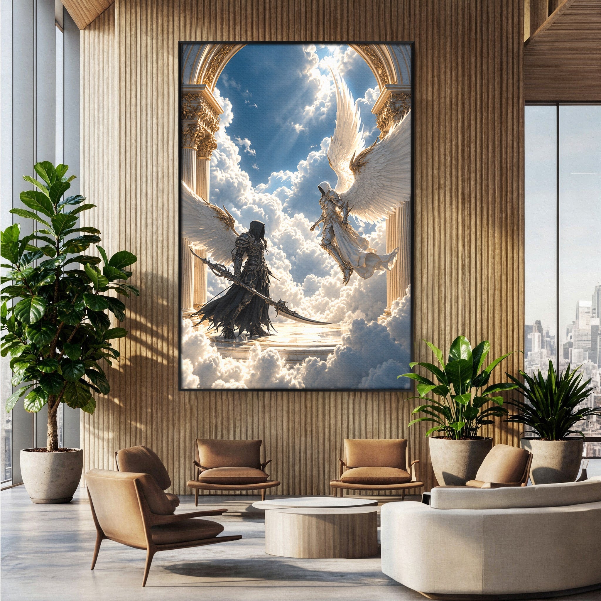 Tablou Canvas Premium LuxCanva® U1060, Inger Si Demon In Ceruri, Ceruri, Fantezie, Confruntare, Inger, Demon, Living, Culori Vibrante