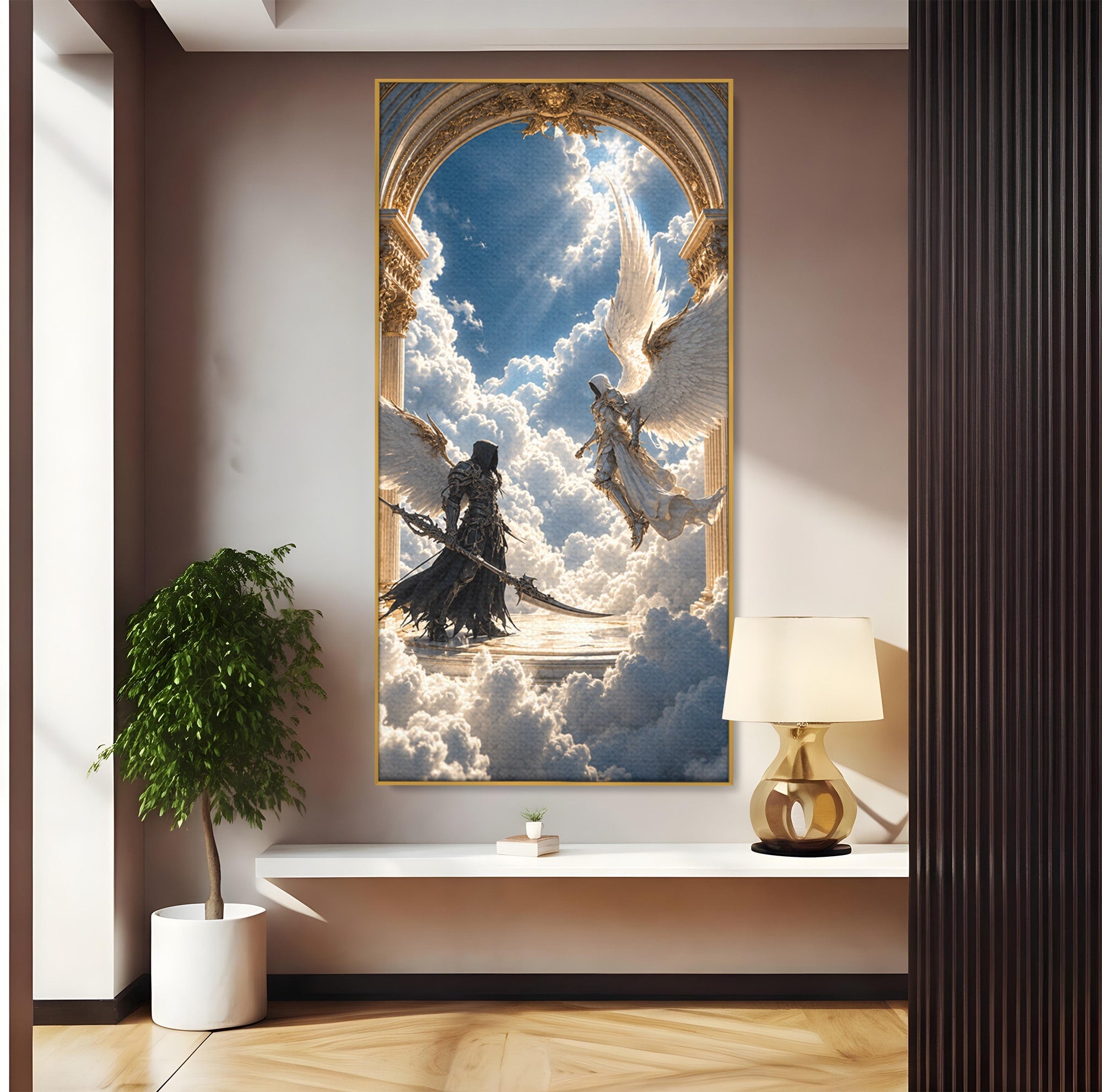 Tablou Canvas Premium LuxCanva® U1060, Inger Si Demon In Ceruri, Ceruri, Fantezie, Confruntare, Inger, Demon, Living, Culori Vibrante