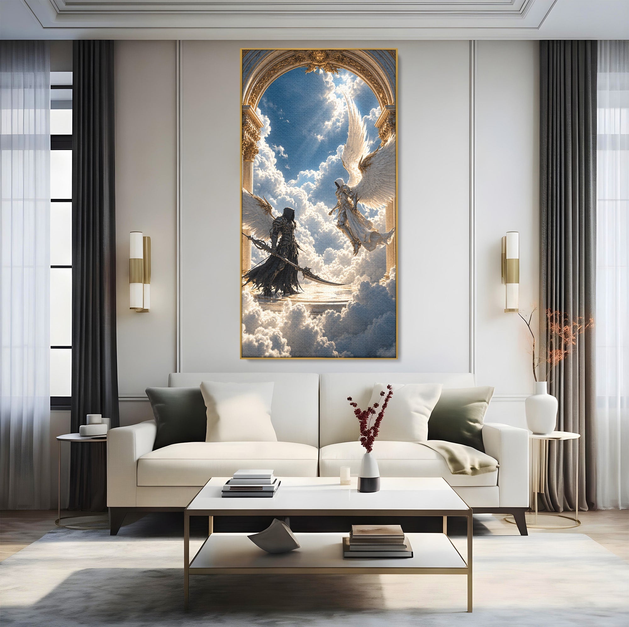 Tablou Canvas Premium LuxCanva® U1060, Inger Si Demon In Ceruri, Ceruri, Fantezie, Confruntare, Inger, Demon, Living, Culori Vibrante