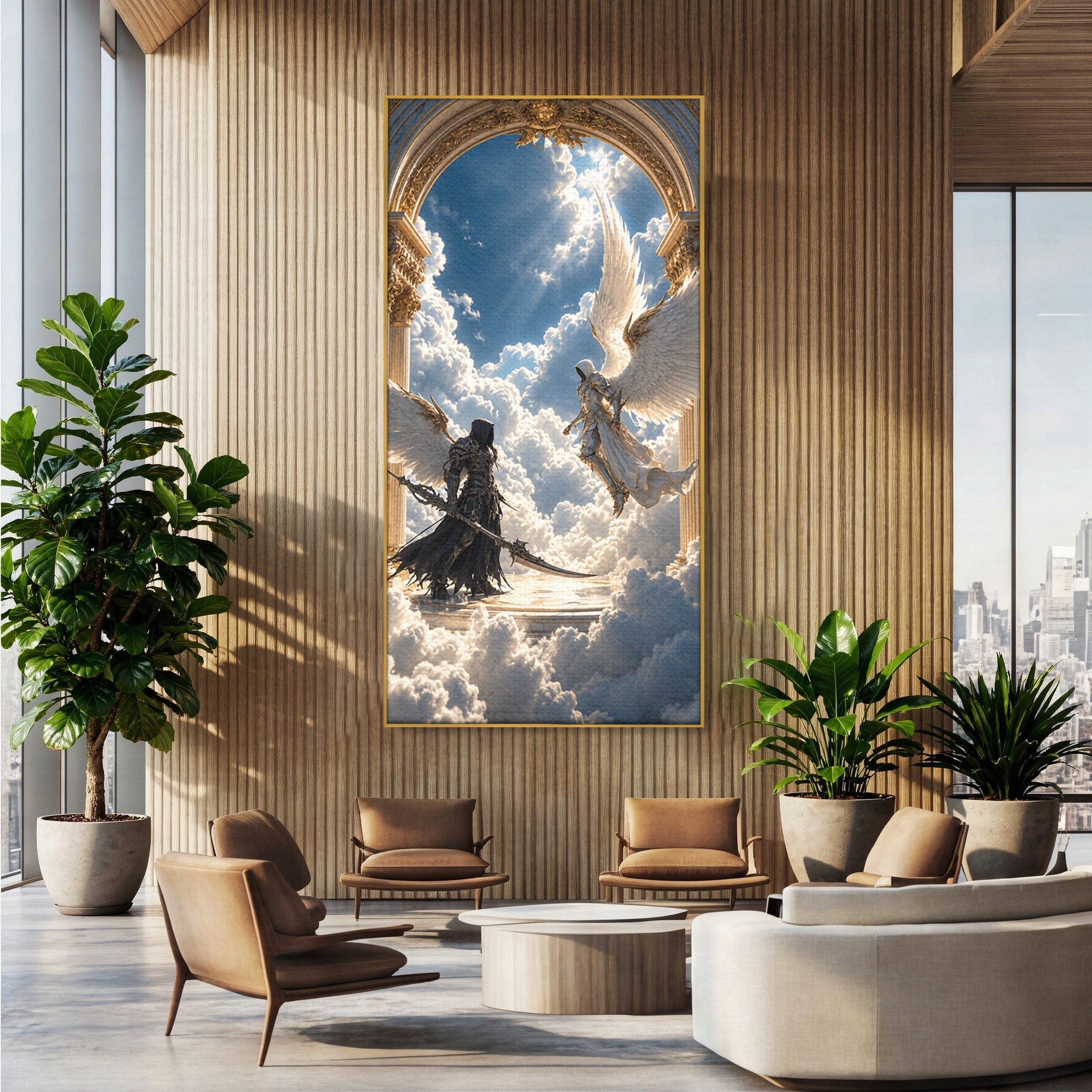 Tablou Canvas Premium LuxCanva® U1060, Inger Si Demon In Ceruri, Ceruri, Fantezie, Confruntare, Inger, Demon, Living, Culori Vibrante