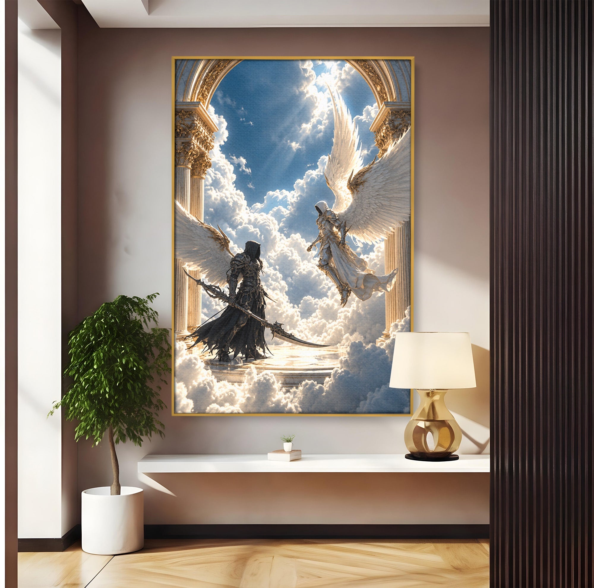 Tablou Canvas Premium LuxCanva® U1060, Inger Si Demon In Ceruri, Ceruri, Fantezie, Confruntare, Inger, Demon, Living, Culori Vibrante