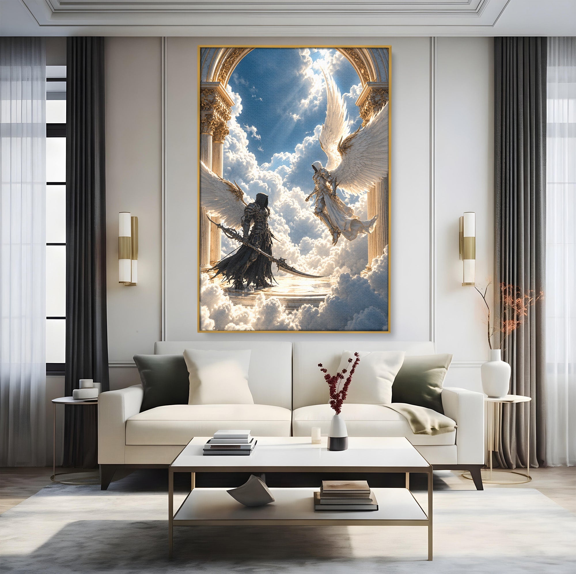 Tablou Canvas Premium LuxCanva® U1060, Inger Si Demon In Ceruri, Ceruri, Fantezie, Confruntare, Inger, Demon, Living, Culori Vibrante