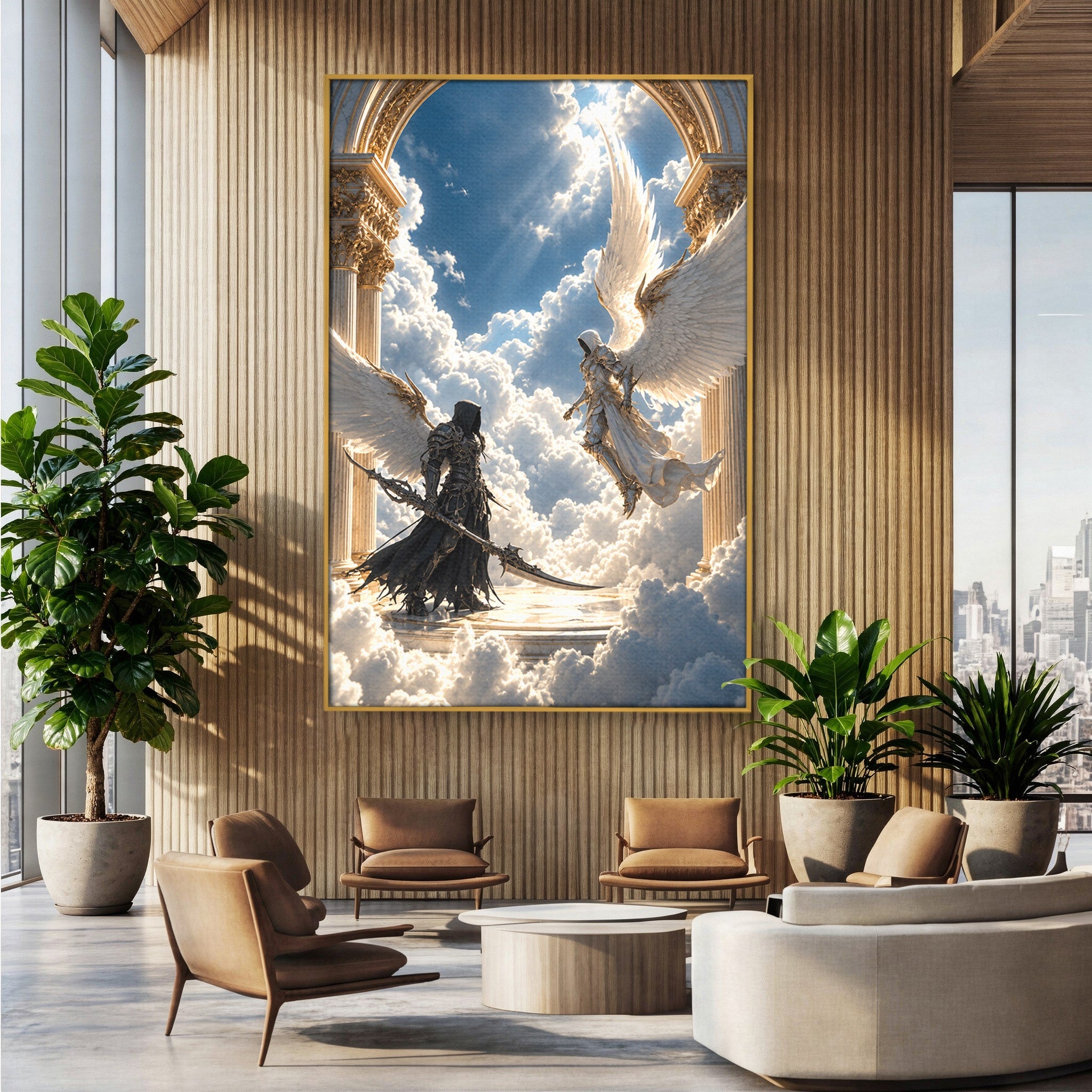 Tablou Canvas Premium LuxCanva® U1060, Inger Si Demon In Ceruri, Ceruri, Fantezie, Confruntare, Inger, Demon, Living, Culori Vibrante