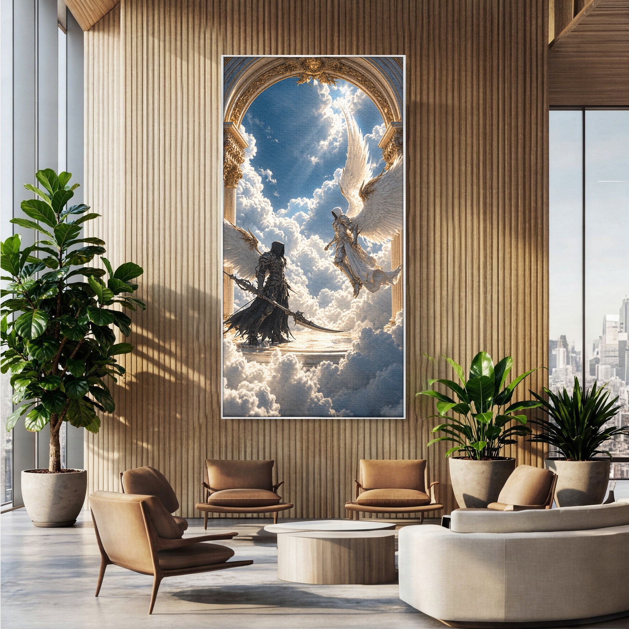 Tablou Canvas Premium LuxCanva® U1060, Inger Si Demon In Ceruri, Ceruri, Fantezie, Confruntare, Inger, Demon, Living, Culori Vibrante