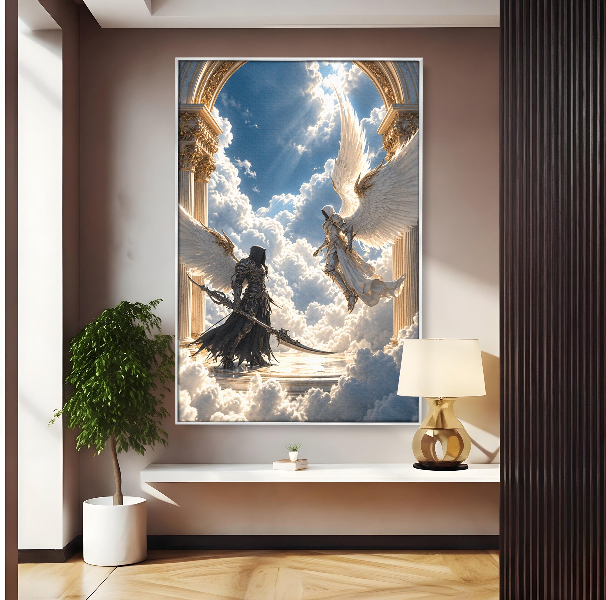 Tablou Canvas Premium LuxCanva® U1060, Inger Si Demon In Ceruri, Ceruri, Fantezie, Confruntare, Inger, Demon, Living, Culori Vibrante