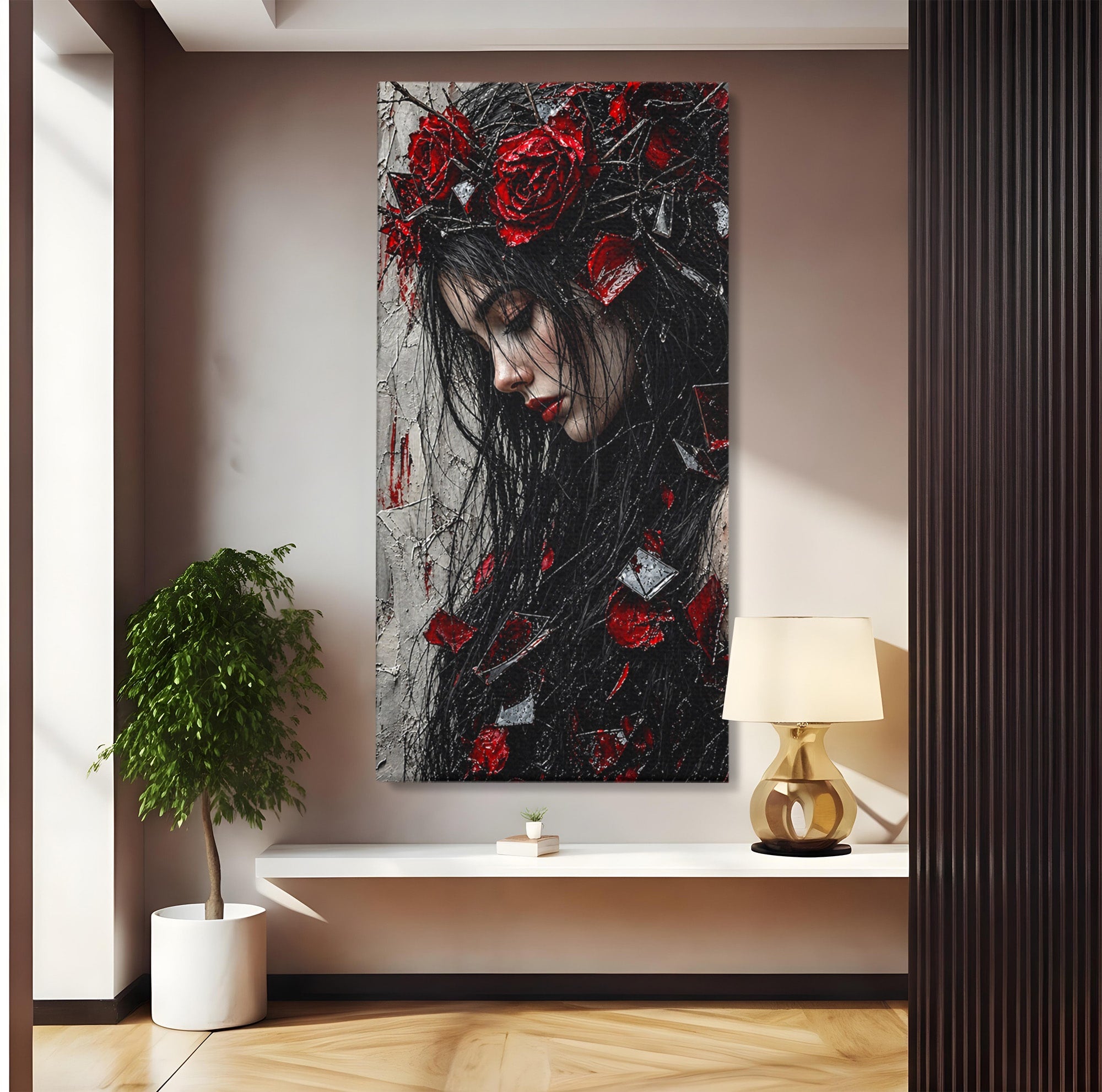 Tablou Canvas Premium LuxCanva® U1061, Fata Cu Trandafiri Rosii, Portret, Mister, Trandafiri, Dormitor, Culori Vibrante