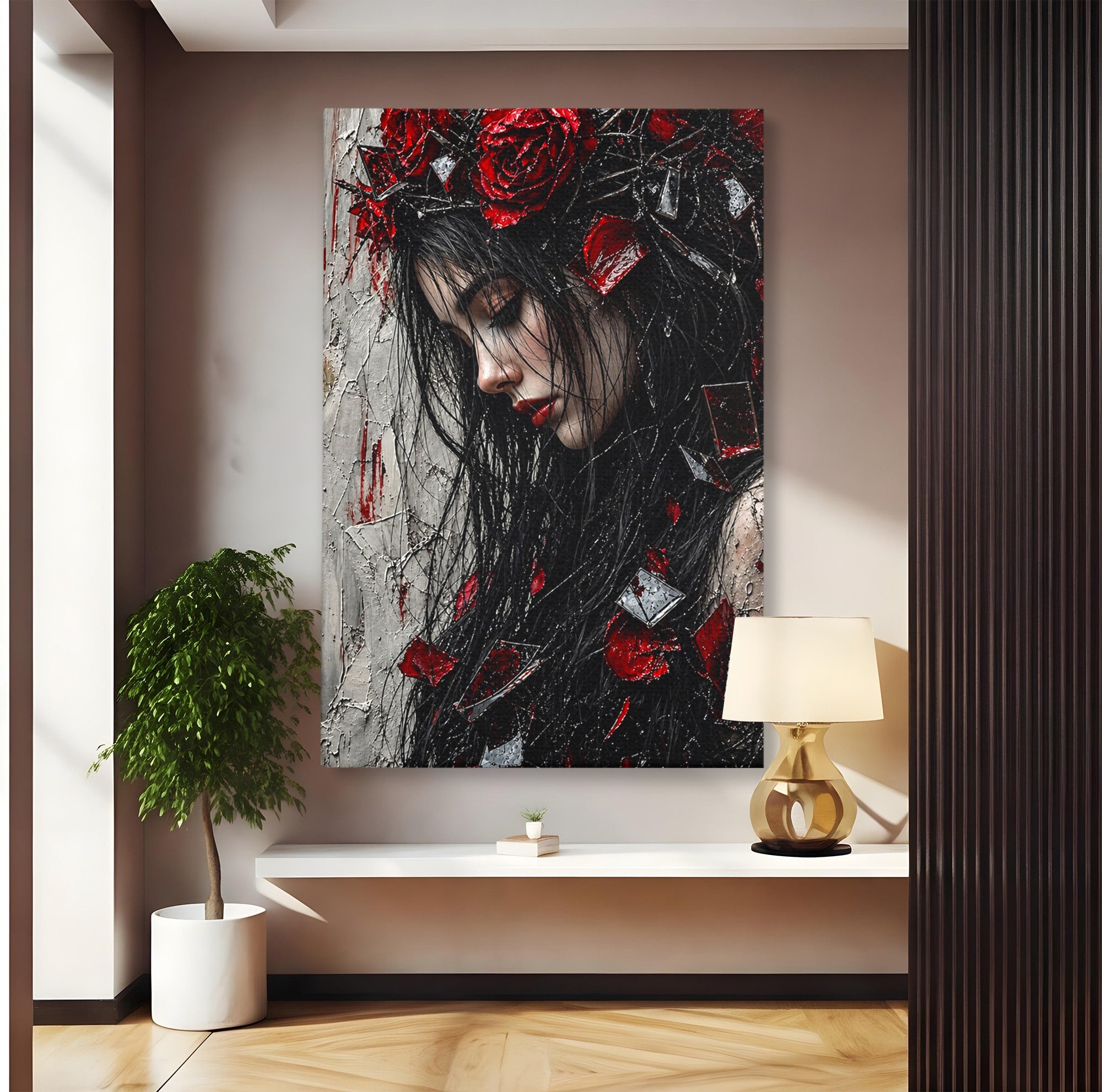 Tablou Canvas Premium LuxCanva® U1061, Fata Cu Trandafiri Rosii, Portret, Mister, Trandafiri, Dormitor, Culori Vibrante