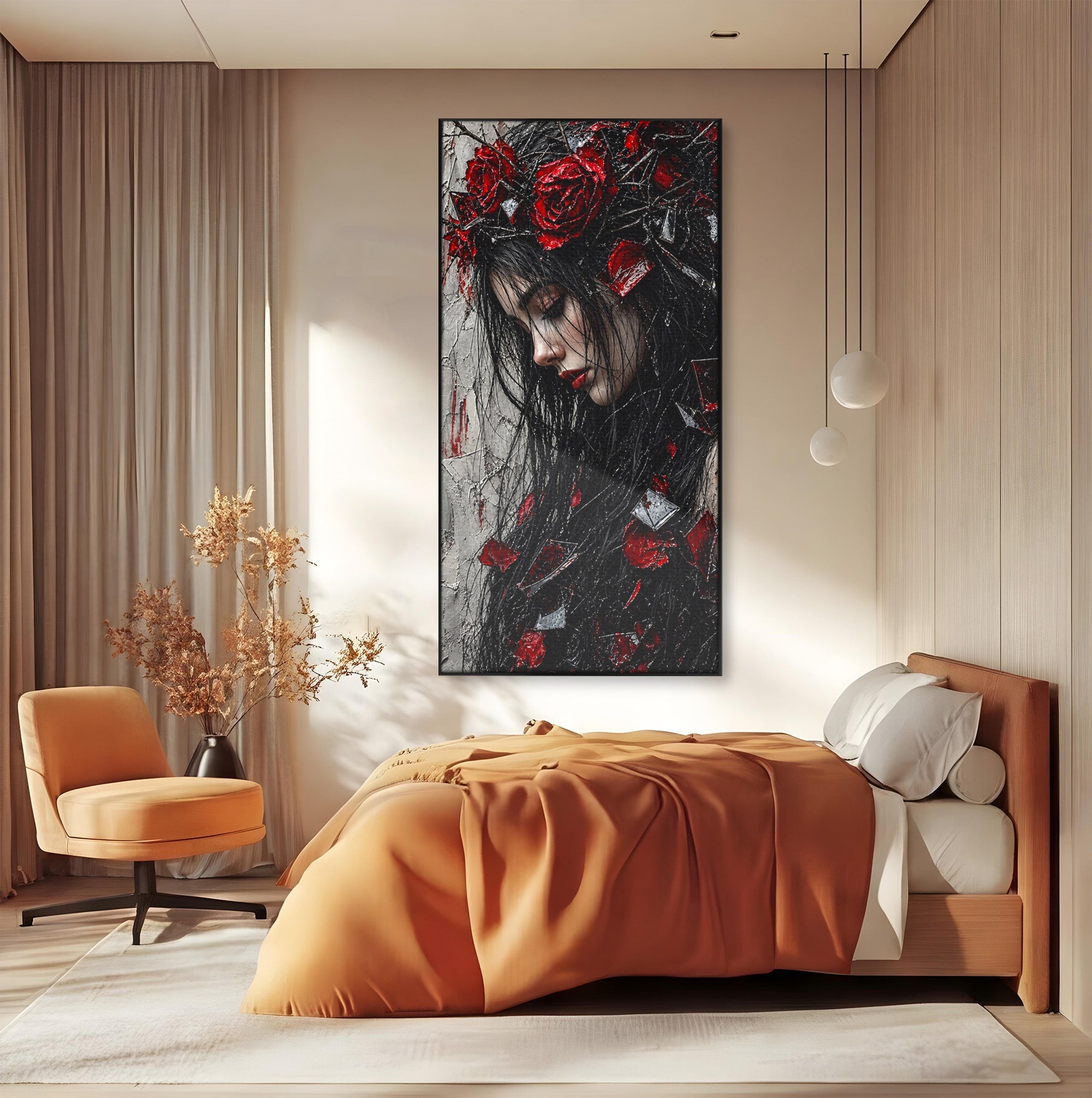 Tablou Canvas Premium LuxCanva® U1061, Fata Cu Trandafiri Rosii, Portret, Mister, Trandafiri, Dormitor, Culori Vibrante