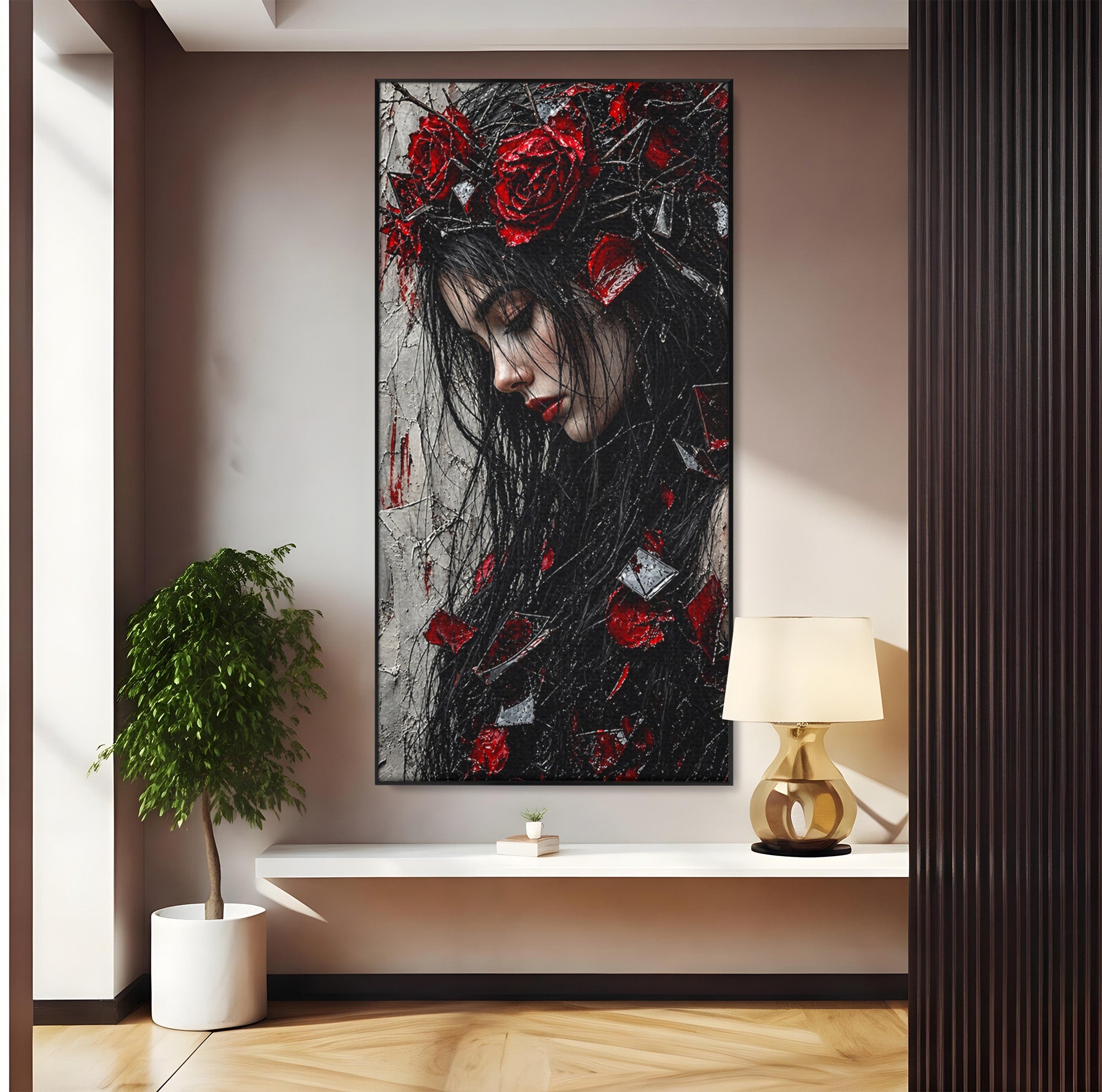 Tablou Canvas Premium LuxCanva® U1061, Fata Cu Trandafiri Rosii, Portret, Mister, Trandafiri, Dormitor, Culori Vibrante