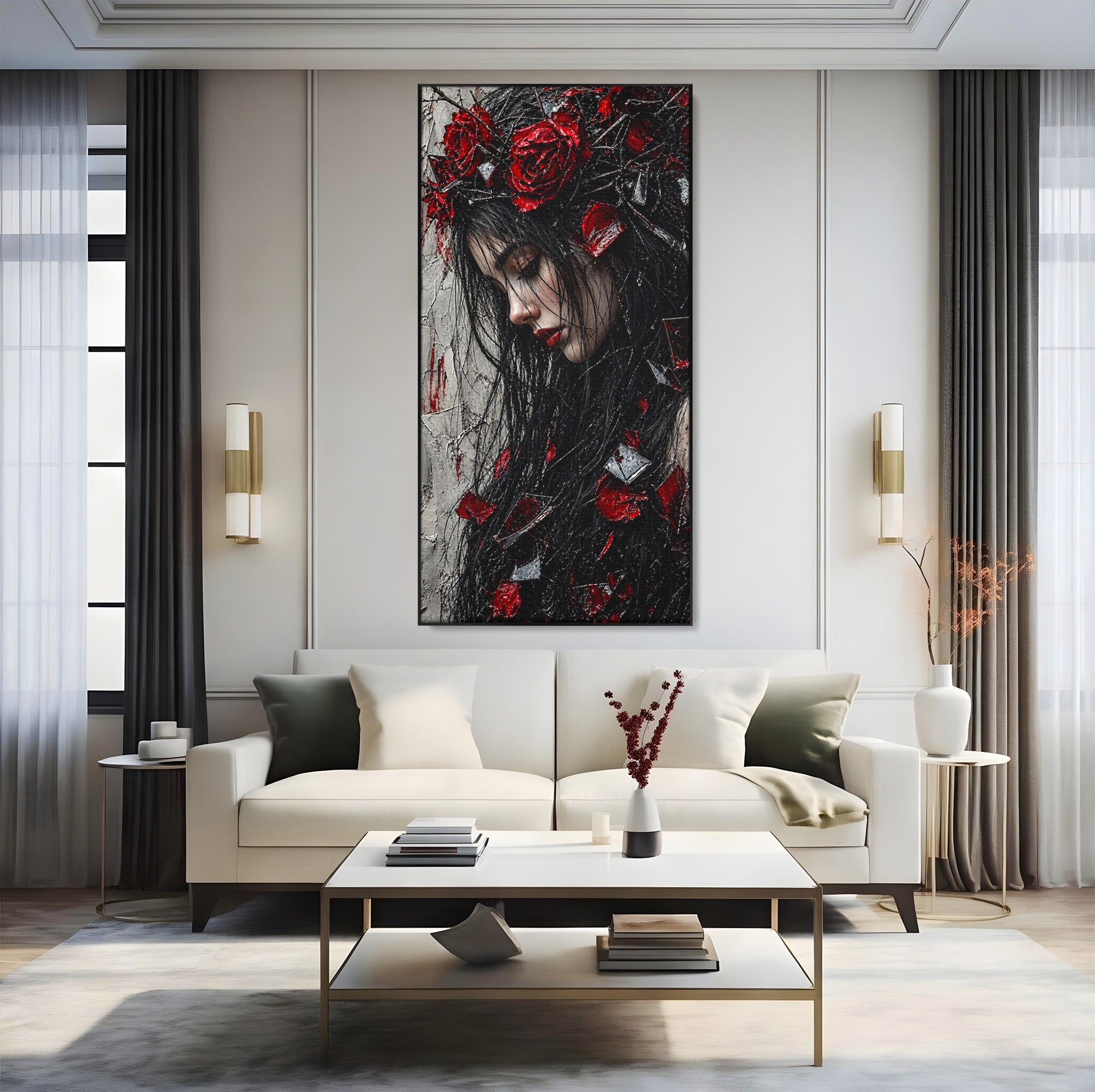 Tablou Canvas Premium LuxCanva® U1061, Fata Cu Trandafiri Rosii, Portret, Mister, Trandafiri, Dormitor, Culori Vibrante