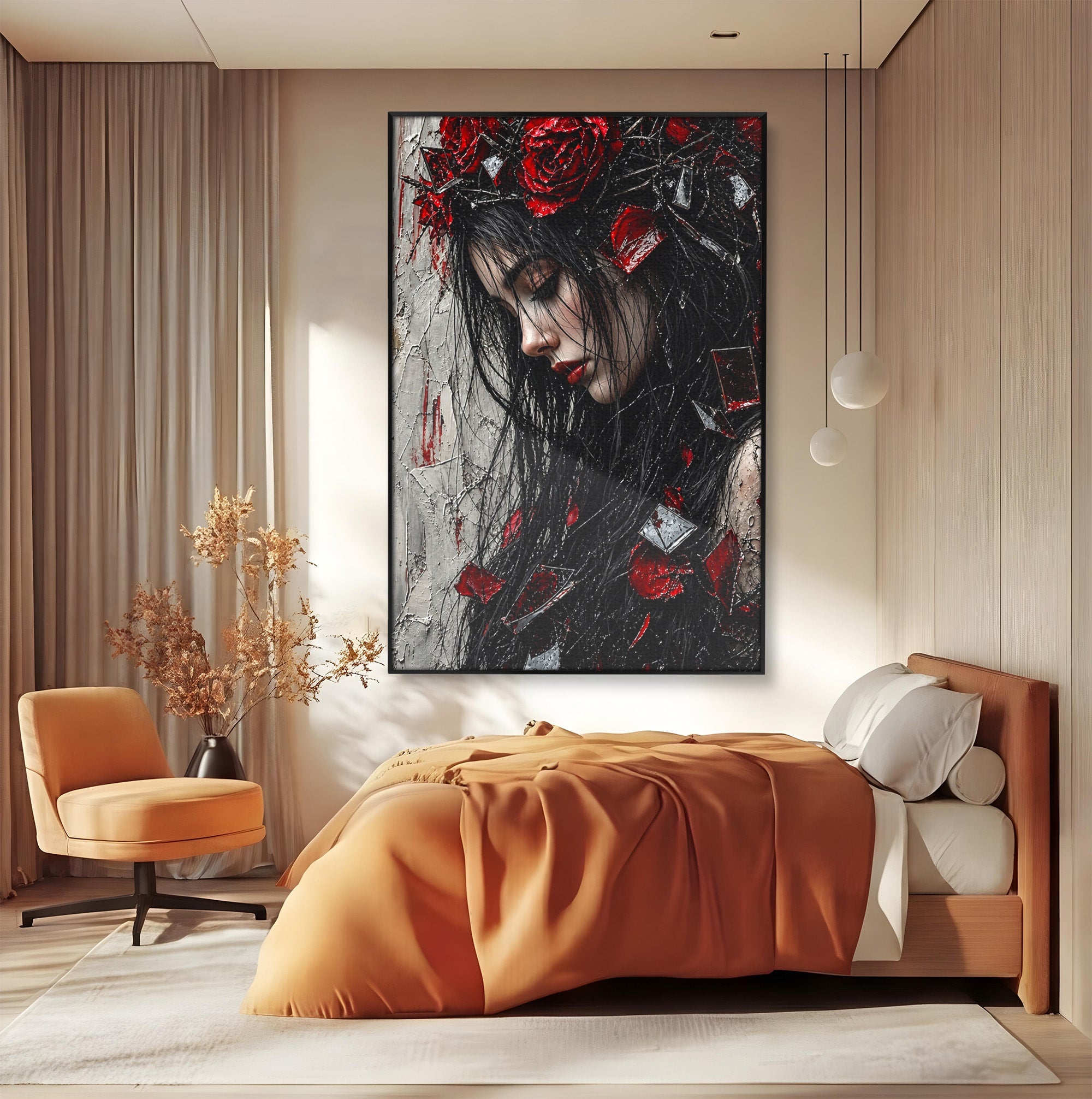 Tablou Canvas Premium LuxCanva® U1061, Fata Cu Trandafiri Rosii, Portret, Mister, Trandafiri, Dormitor, Culori Vibrante