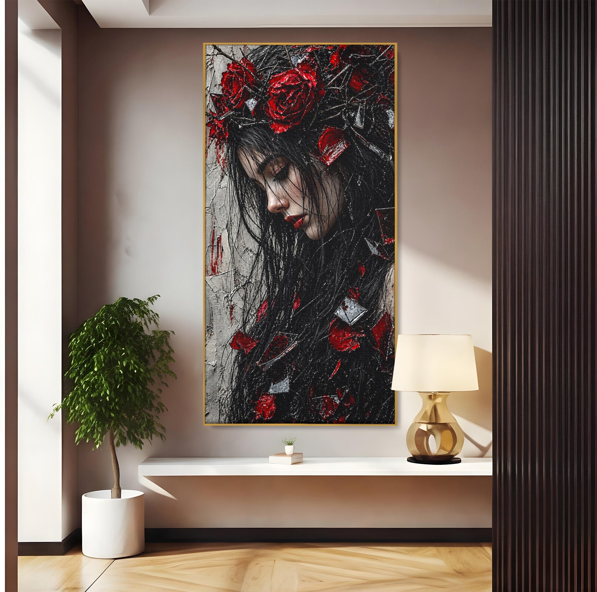 Tablou Canvas Premium LuxCanva® U1061, Fata Cu Trandafiri Rosii, Portret, Mister, Trandafiri, Dormitor, Culori Vibrante