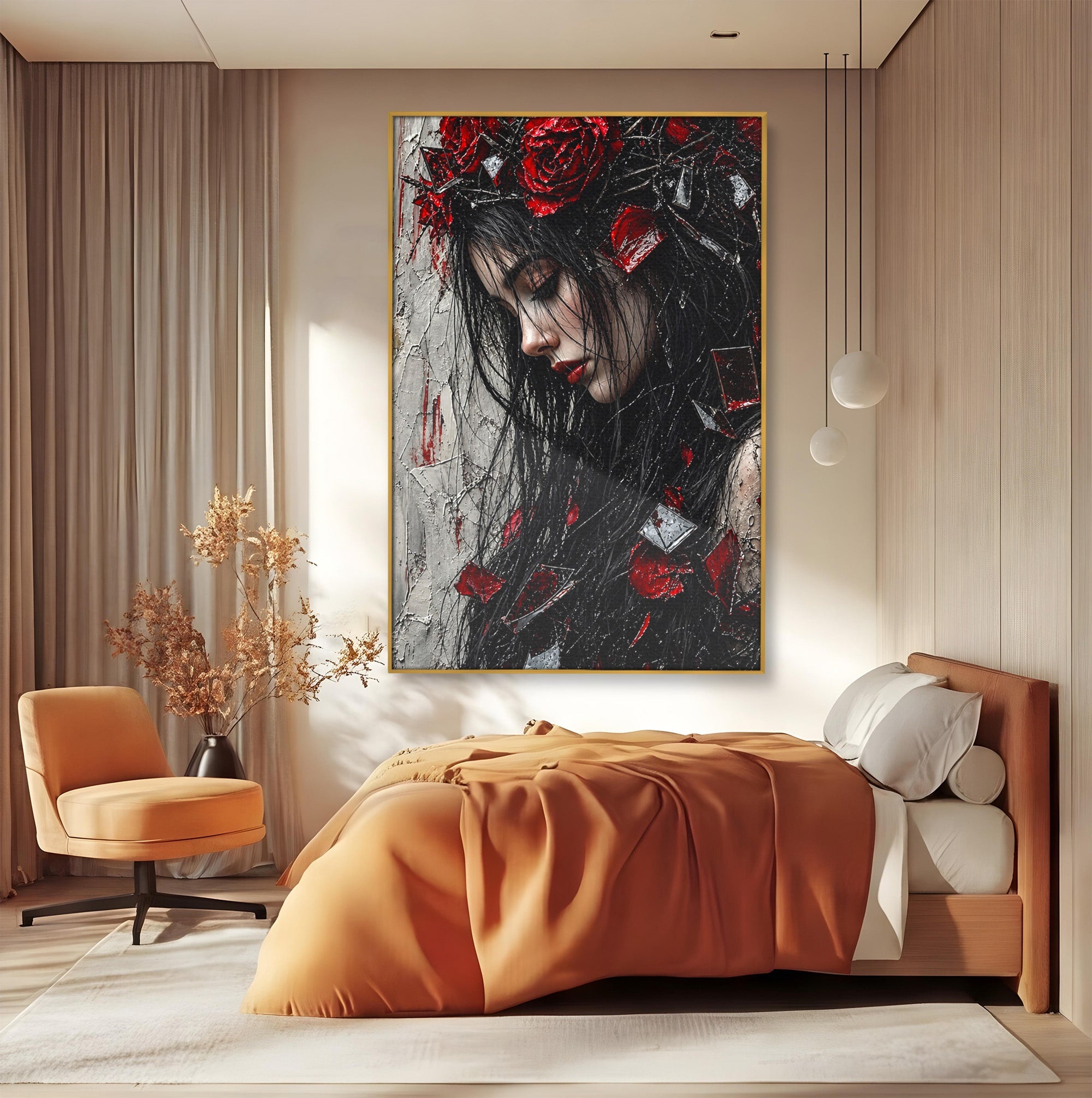Tablou Canvas Premium LuxCanva® U1061, Fata Cu Trandafiri Rosii, Portret, Mister, Trandafiri, Dormitor, Culori Vibrante