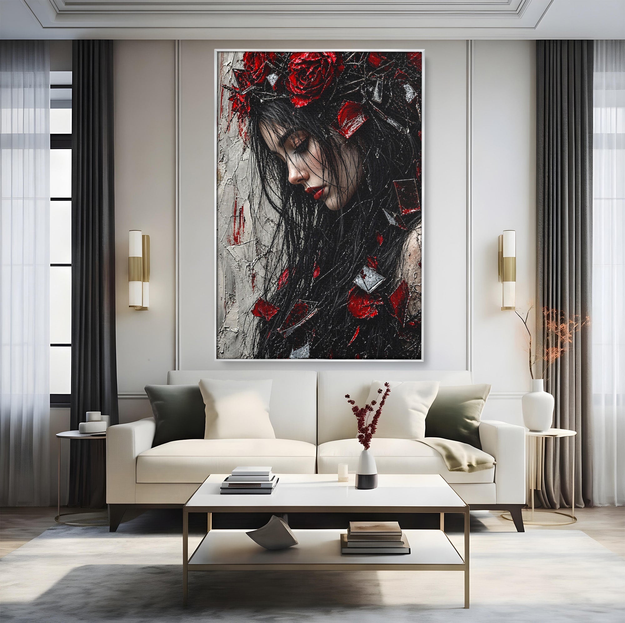 Tablou Canvas Premium LuxCanva® U1061, Fata Cu Trandafiri Rosii, Portret, Mister, Trandafiri, Dormitor, Culori Vibrante
