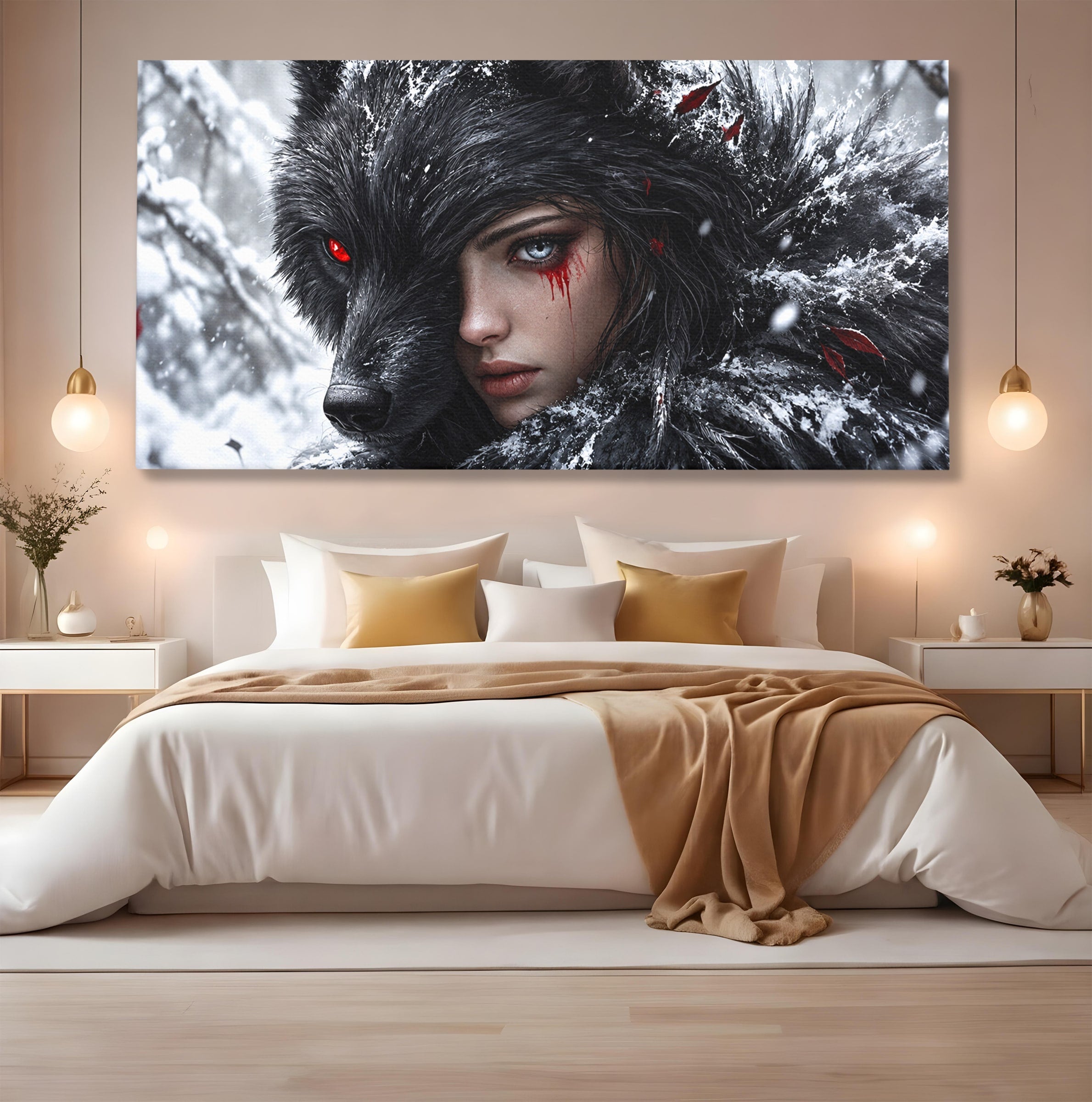 Tablou Canvas Premium LuxCanva® U1063, Femeia Lup, Portret, Mister, Fantezie, Lup, Dormitor, Culori Vibrante