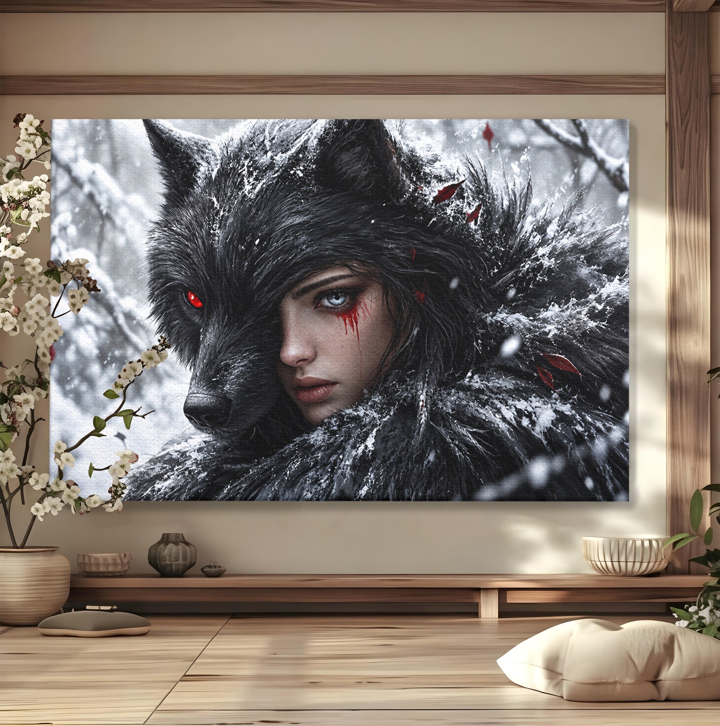 Tablou Canvas Premium LuxCanva® U1063, Femeia Lup, Portret, Mister, Fantezie, Lup, Dormitor, Culori Vibrante