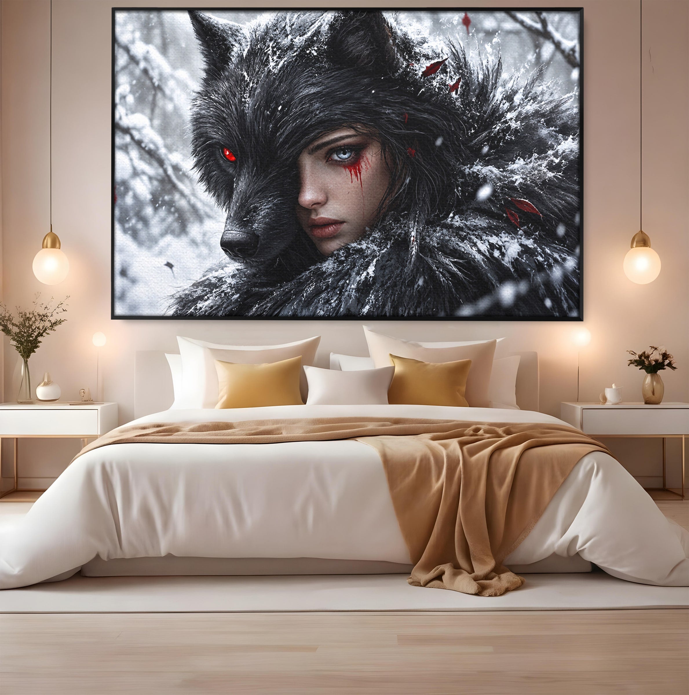 Tablou Canvas Premium LuxCanva® U1063, Femeia Lup, Portret, Mister, Fantezie, Lup, Dormitor, Culori Vibrante