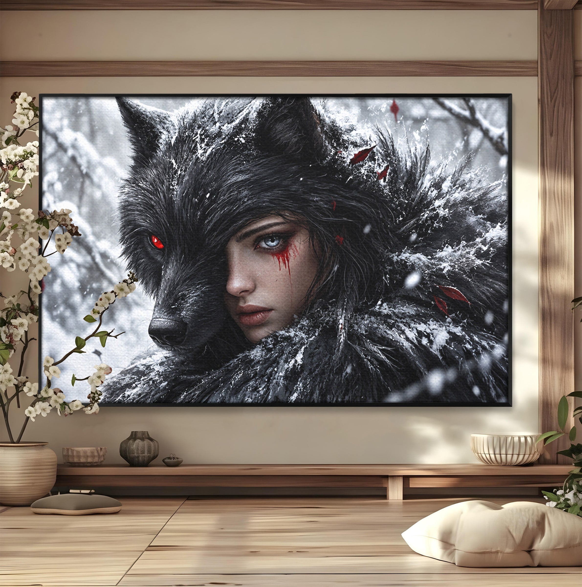 Tablou Canvas Premium LuxCanva® U1063, Femeia Lup, Portret, Mister, Fantezie, Lup, Dormitor, Culori Vibrante