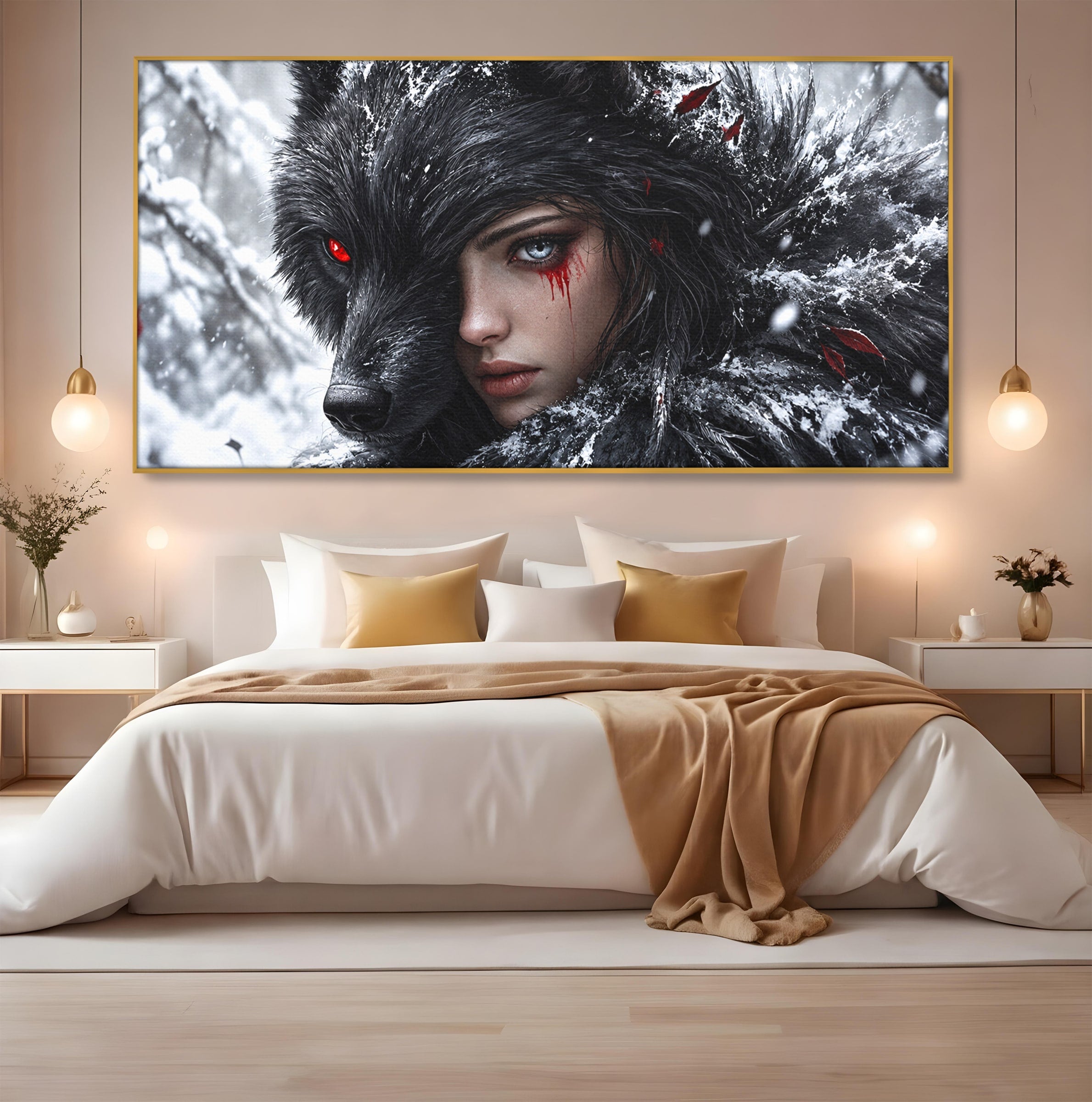 Tablou Canvas Premium LuxCanva® U1063, Femeia Lup, Portret, Mister, Fantezie, Lup, Dormitor, Culori Vibrante