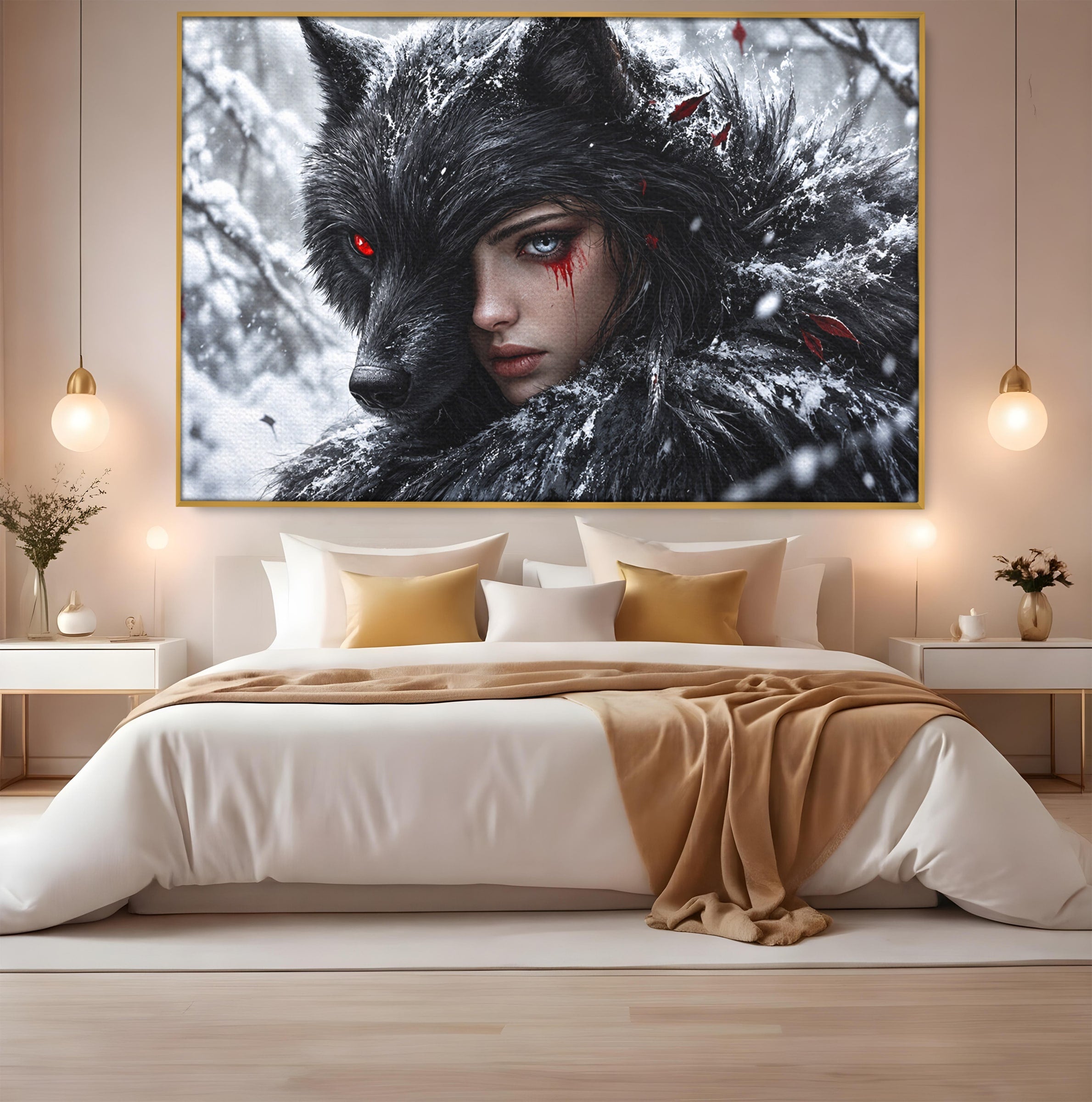 Tablou Canvas Premium LuxCanva® U1063, Femeia Lup, Portret, Mister, Fantezie, Lup, Dormitor, Culori Vibrante
