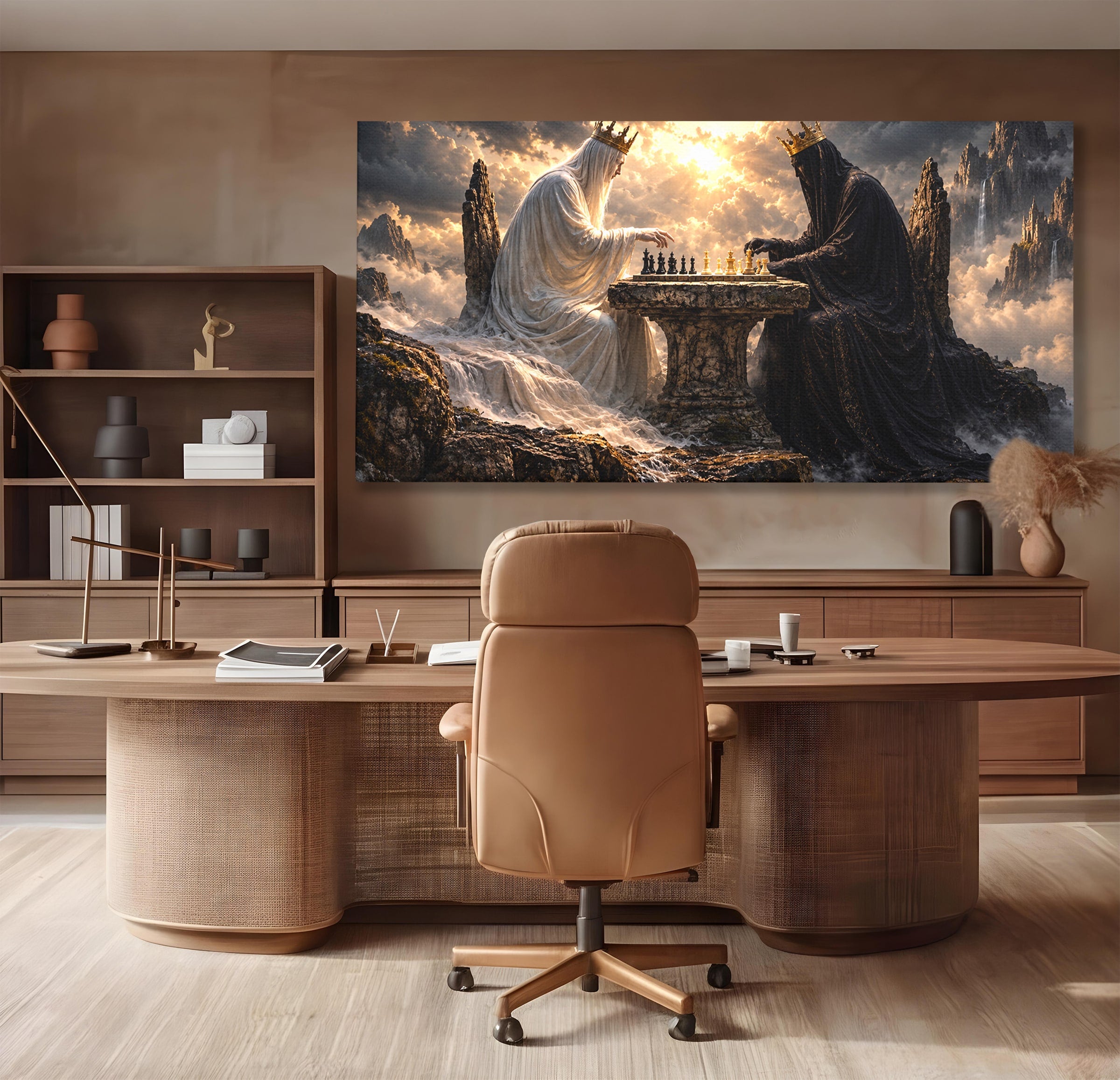 Tablou Canvas Premium LuxCanva® U1067, Regi Jucand Sah, Regi, Fantezie, Strategie, Sah, Living, Culori Vibrante