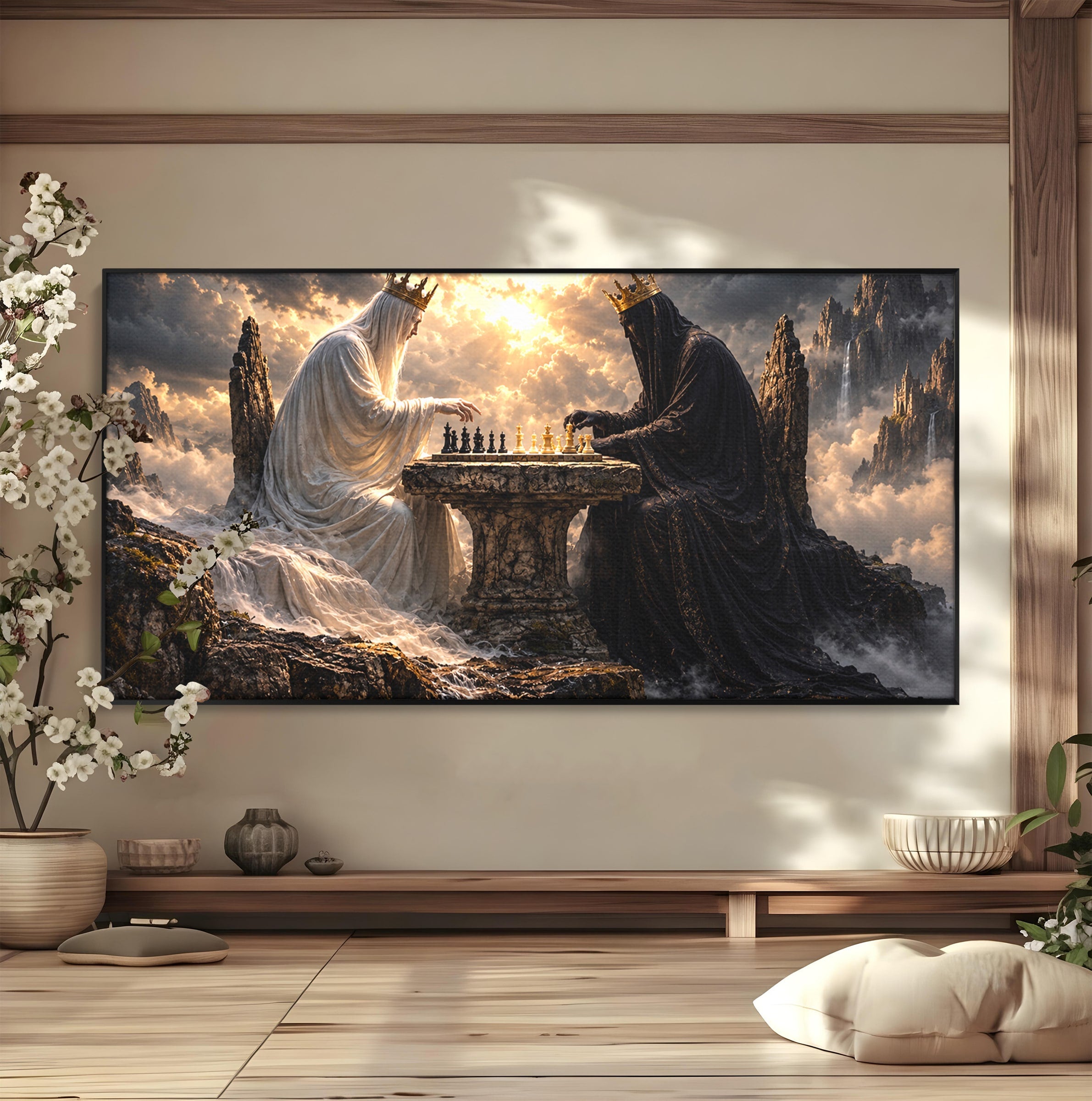 Tablou Canvas Premium LuxCanva® U1067, Regi Jucand Sah, Regi, Fantezie, Strategie, Sah, Living, Culori Vibrante