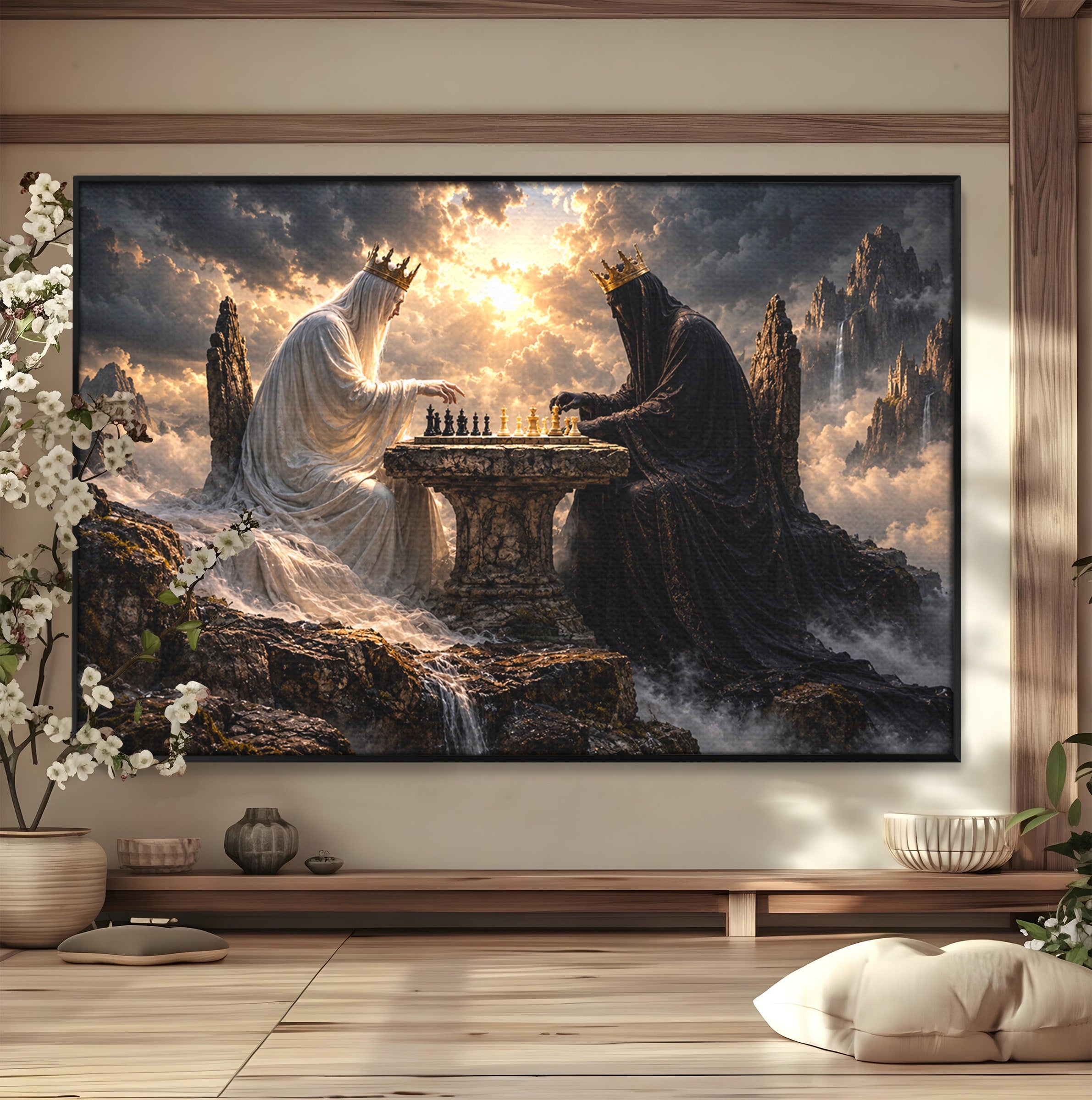 Tablou Canvas Premium LuxCanva® U1067, Regi Jucand Sah, Regi, Fantezie, Strategie, Sah, Living, Culori Vibrante