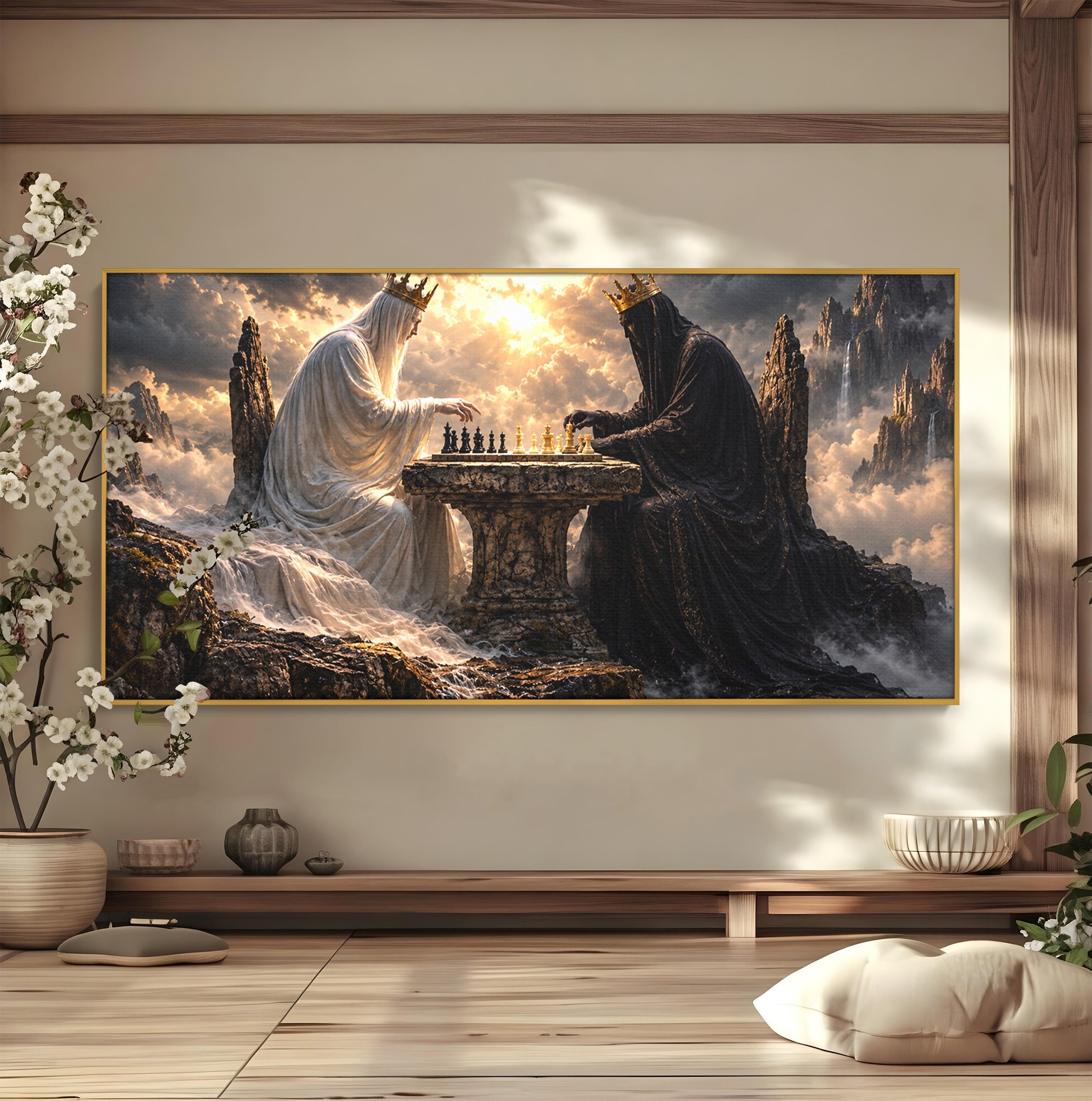 Tablou Canvas Premium LuxCanva® U1067, Regi Jucand Sah, Regi, Fantezie, Strategie, Sah, Living, Culori Vibrante
