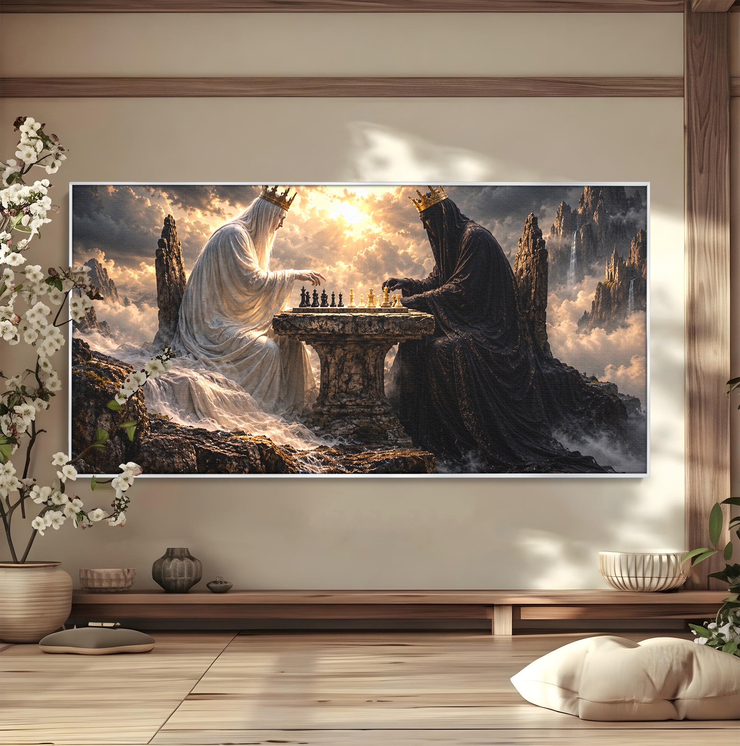 Tablou Canvas Premium LuxCanva® U1067, Regi Jucand Sah, Regi, Fantezie, Strategie, Sah, Living, Culori Vibrante