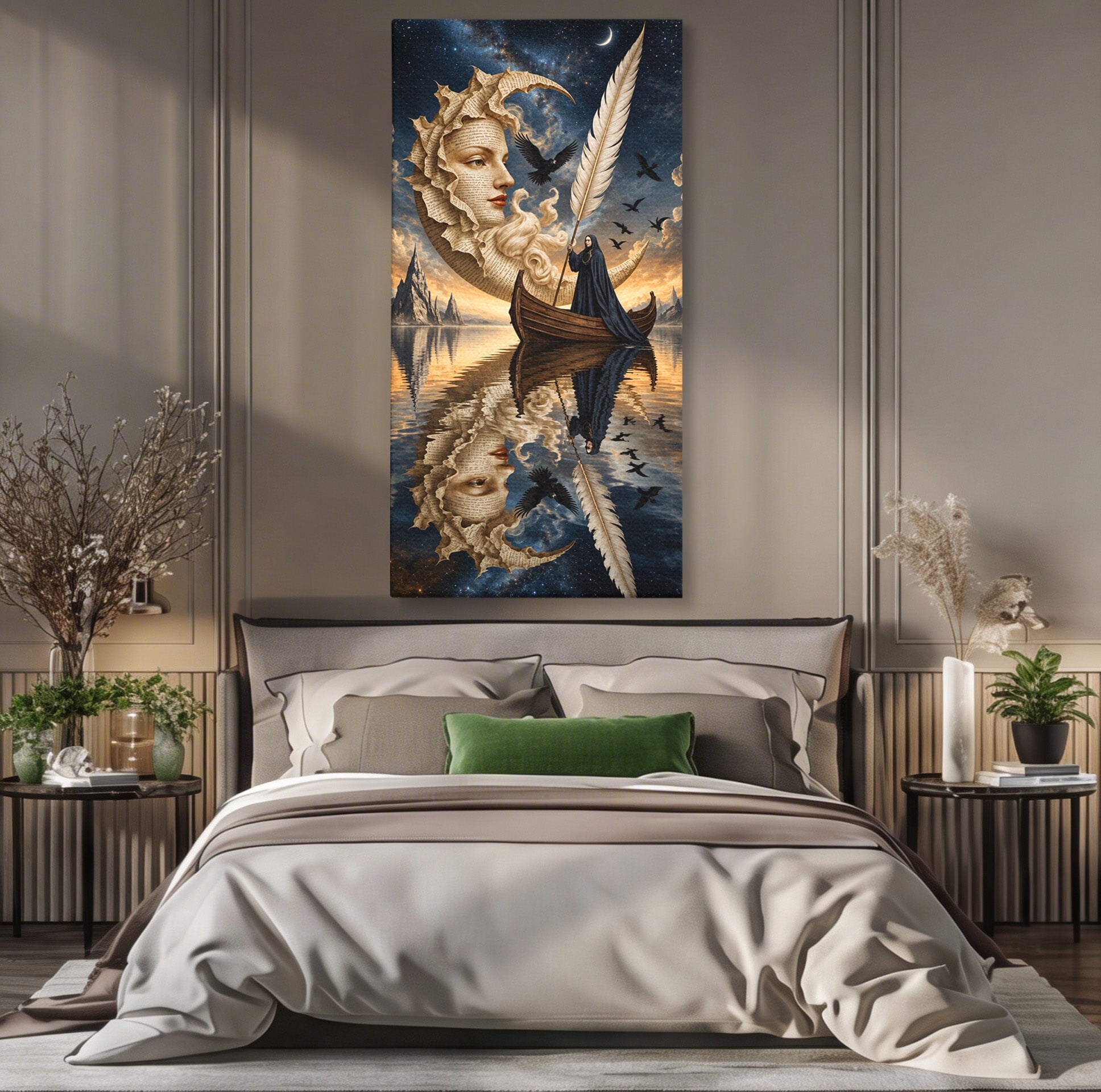 Tablou Canvas Premium LuxCanva® U1068, Barca Lunii Mistice, Luna, Barca, Mister, Visare, Living, Fantezie, Culori Vibrante