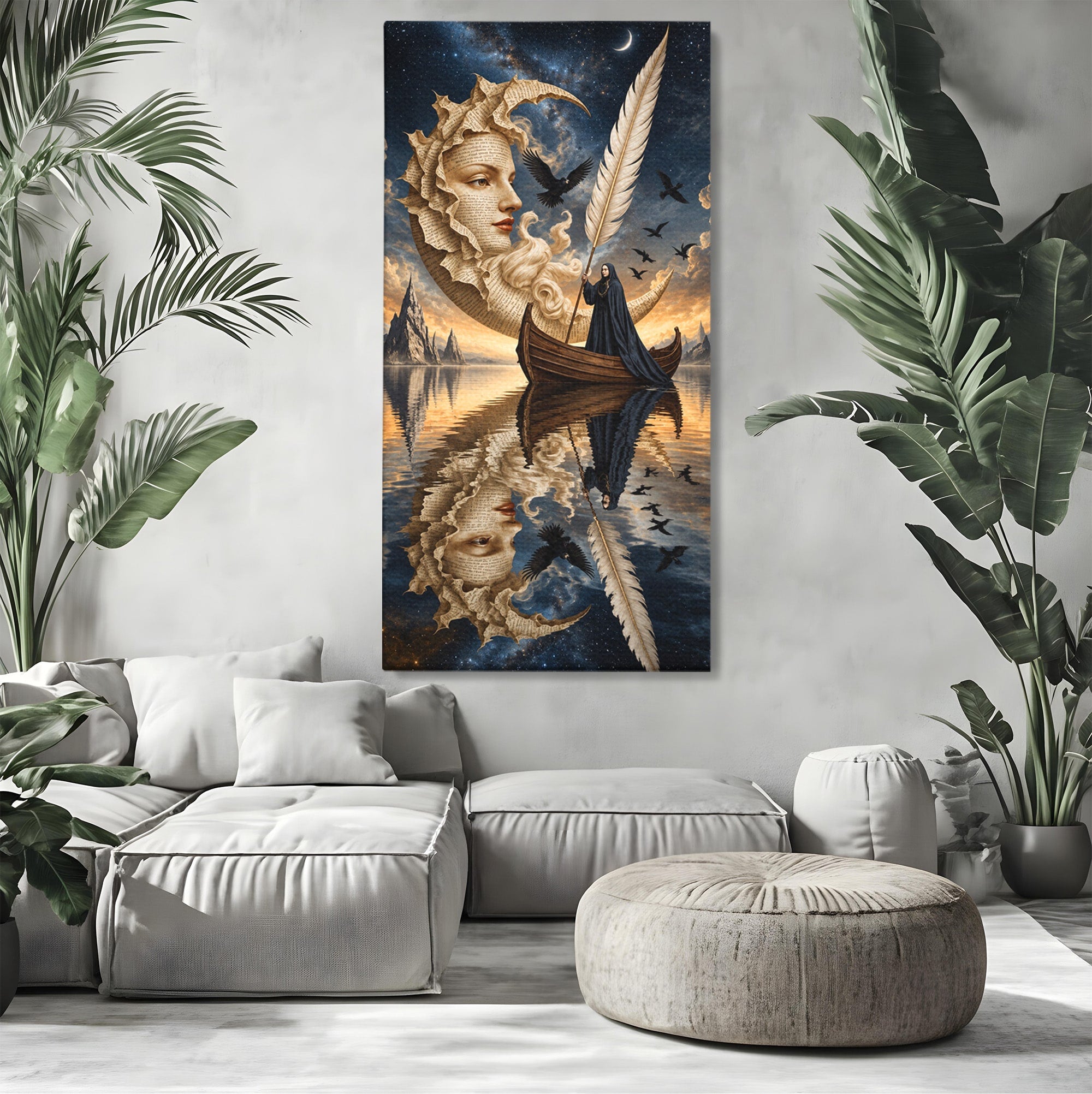 Tablou Canvas Premium LuxCanva® U1068, Barca Lunii Mistice, Luna, Barca, Mister, Visare, Living, Fantezie, Culori Vibrante