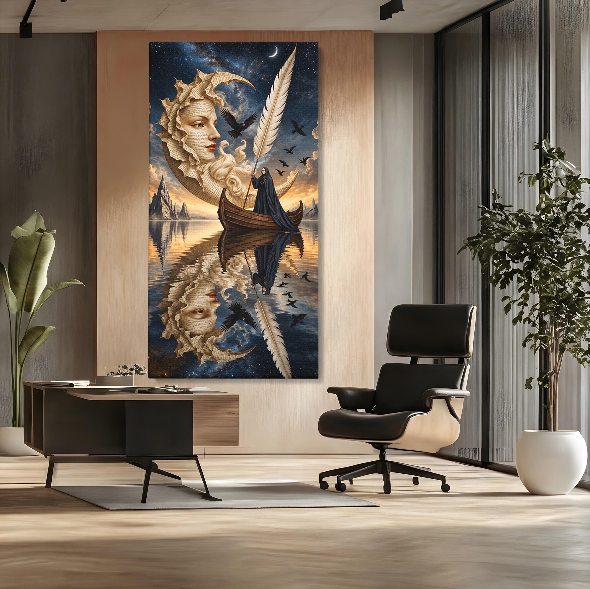Tablou Canvas Premium LuxCanva® U1068, Barca Lunii Mistice, Luna, Barca, Mister, Visare, Living, Fantezie, Culori Vibrante