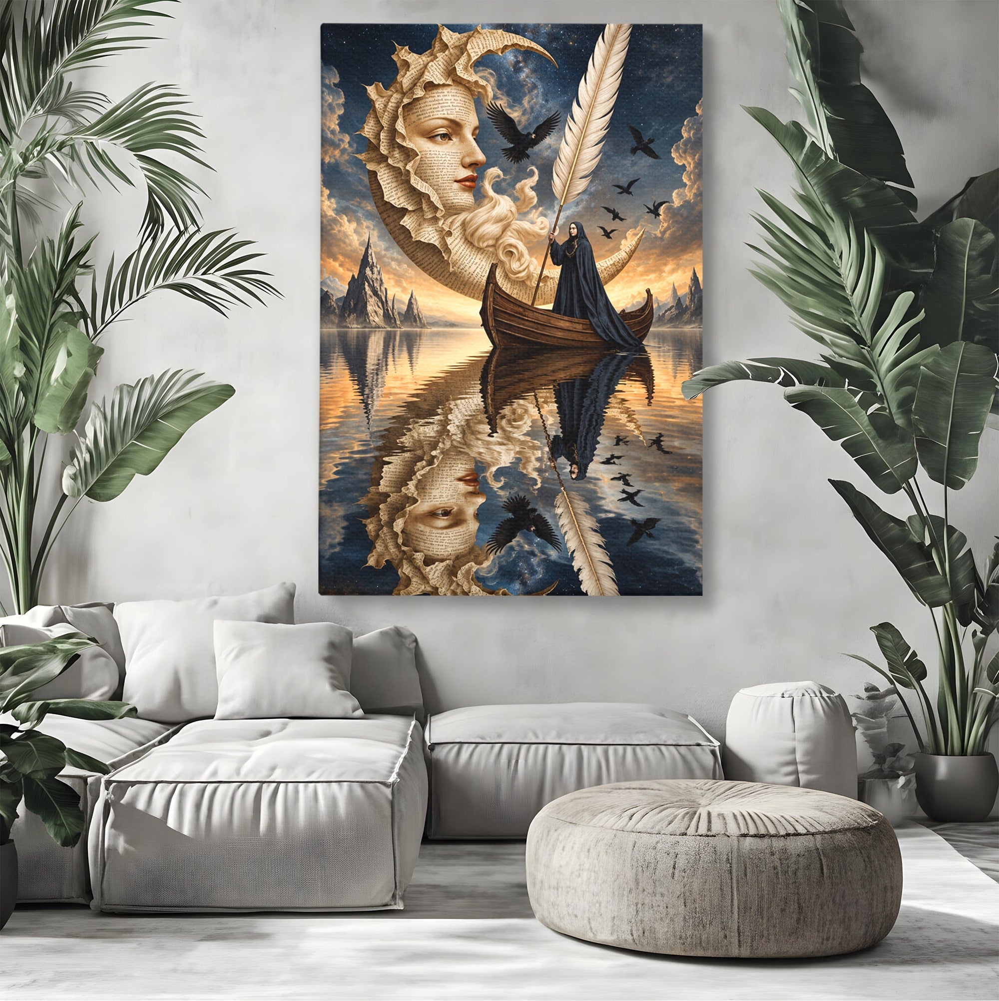 Tablou Canvas Premium LuxCanva® U1068, Barca Lunii Mistice, Luna, Barca, Mister, Visare, Living, Fantezie, Culori Vibrante