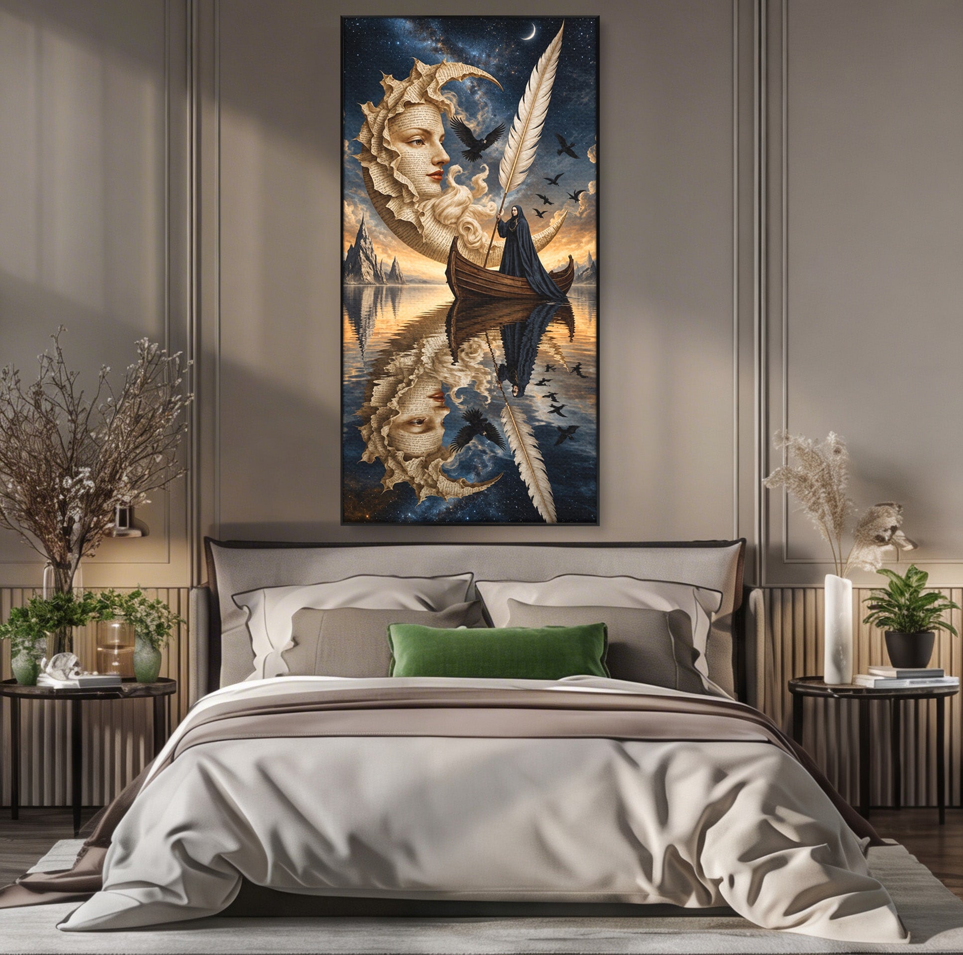Tablou Canvas Premium LuxCanva® U1068, Barca Lunii Mistice, Luna, Barca, Mister, Visare, Living, Fantezie, Culori Vibrante