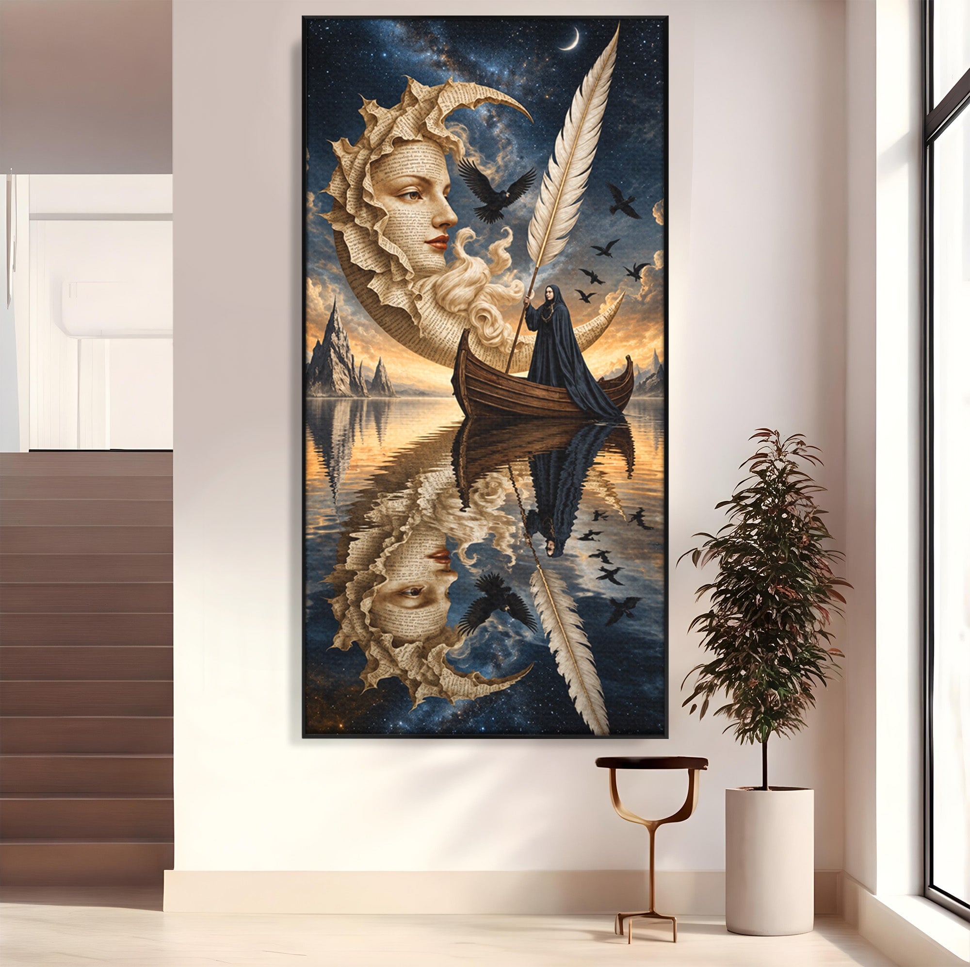 Tablou Canvas Premium LuxCanva® U1068, Barca Lunii Mistice, Luna, Barca, Mister, Visare, Living, Fantezie, Culori Vibrante