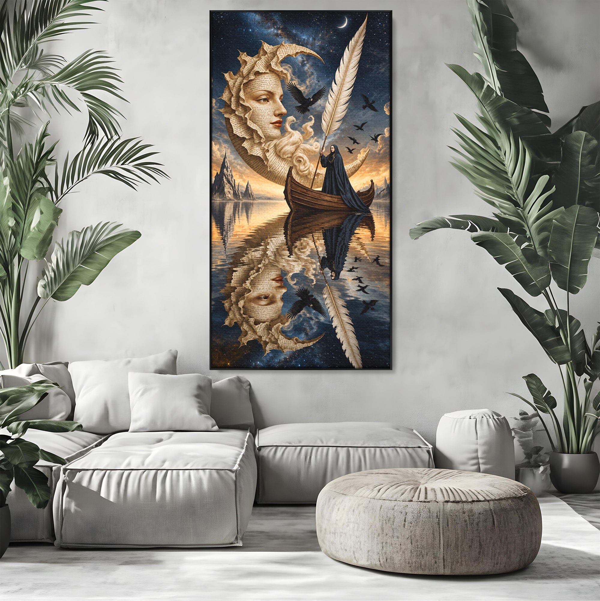 Tablou Canvas Premium LuxCanva® U1068, Barca Lunii Mistice, Luna, Barca, Mister, Visare, Living, Fantezie, Culori Vibrante