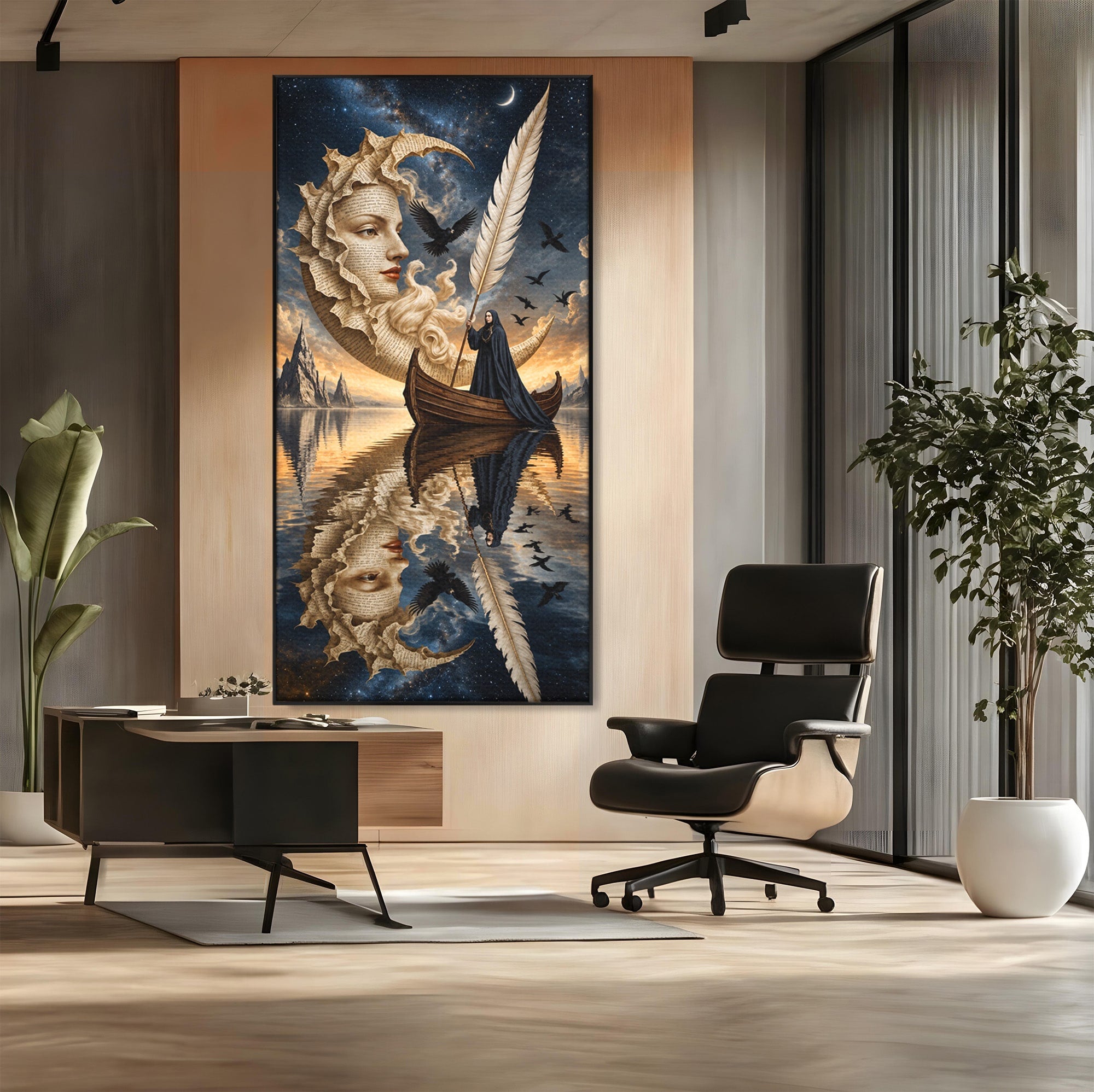 Tablou Canvas Premium LuxCanva® U1068, Barca Lunii Mistice, Luna, Barca, Mister, Visare, Living, Fantezie, Culori Vibrante