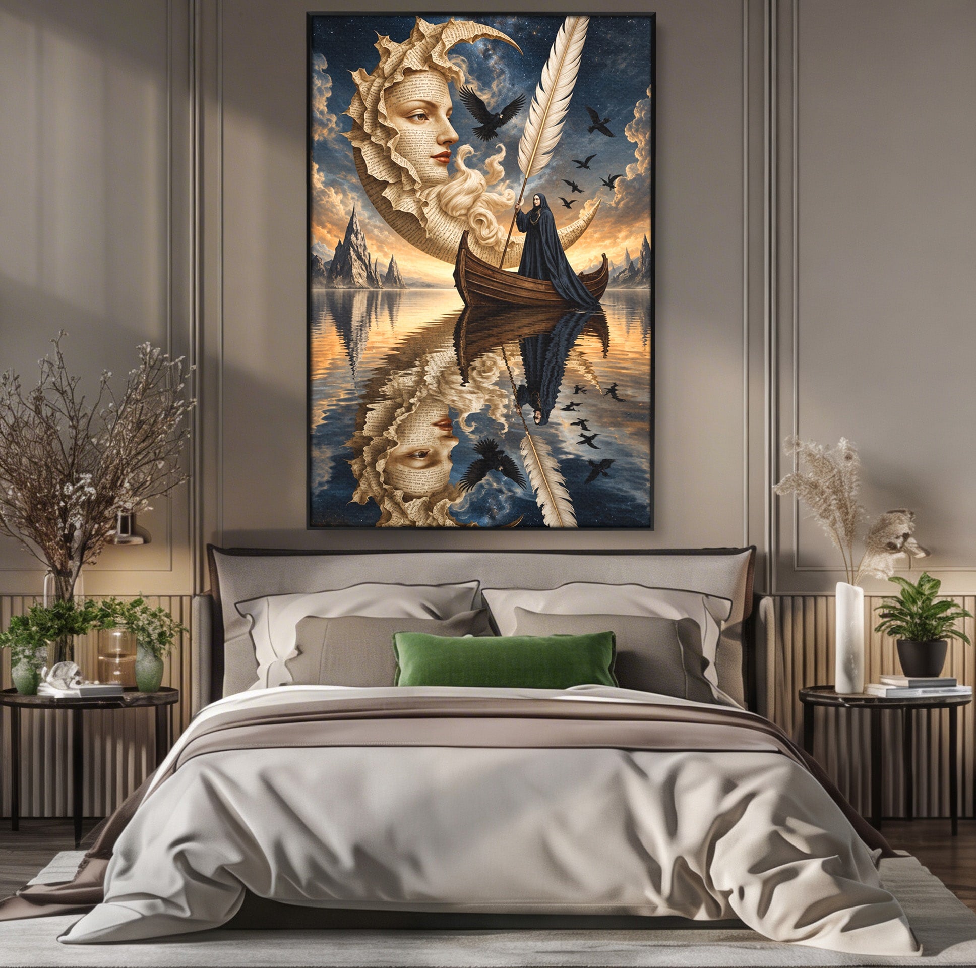 Tablou Canvas Premium LuxCanva® U1068, Barca Lunii Mistice, Luna, Barca, Mister, Visare, Living, Fantezie, Culori Vibrante