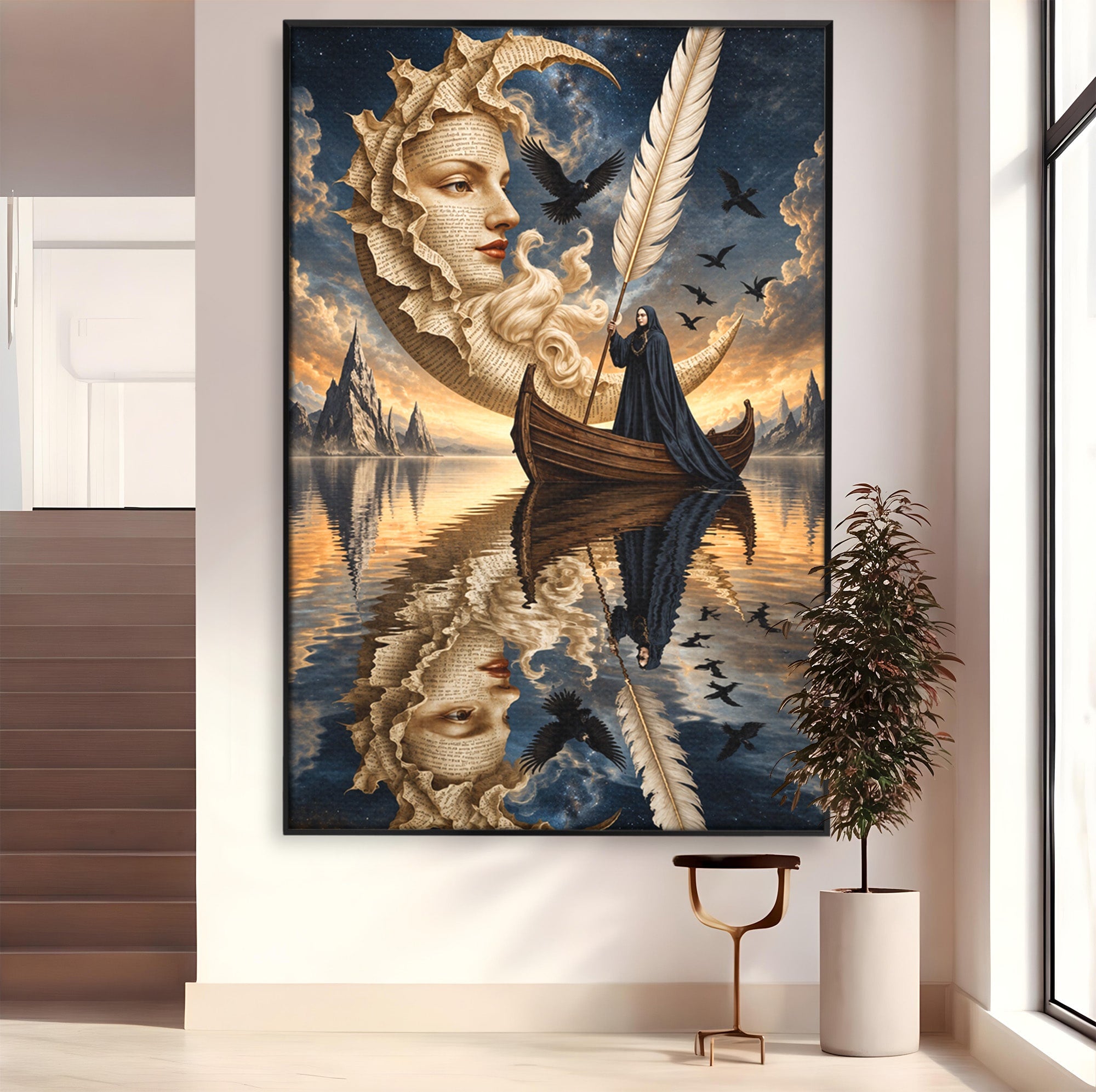 Tablou Canvas Premium LuxCanva® U1068, Barca Lunii Mistice, Luna, Barca, Mister, Visare, Living, Fantezie, Culori Vibrante