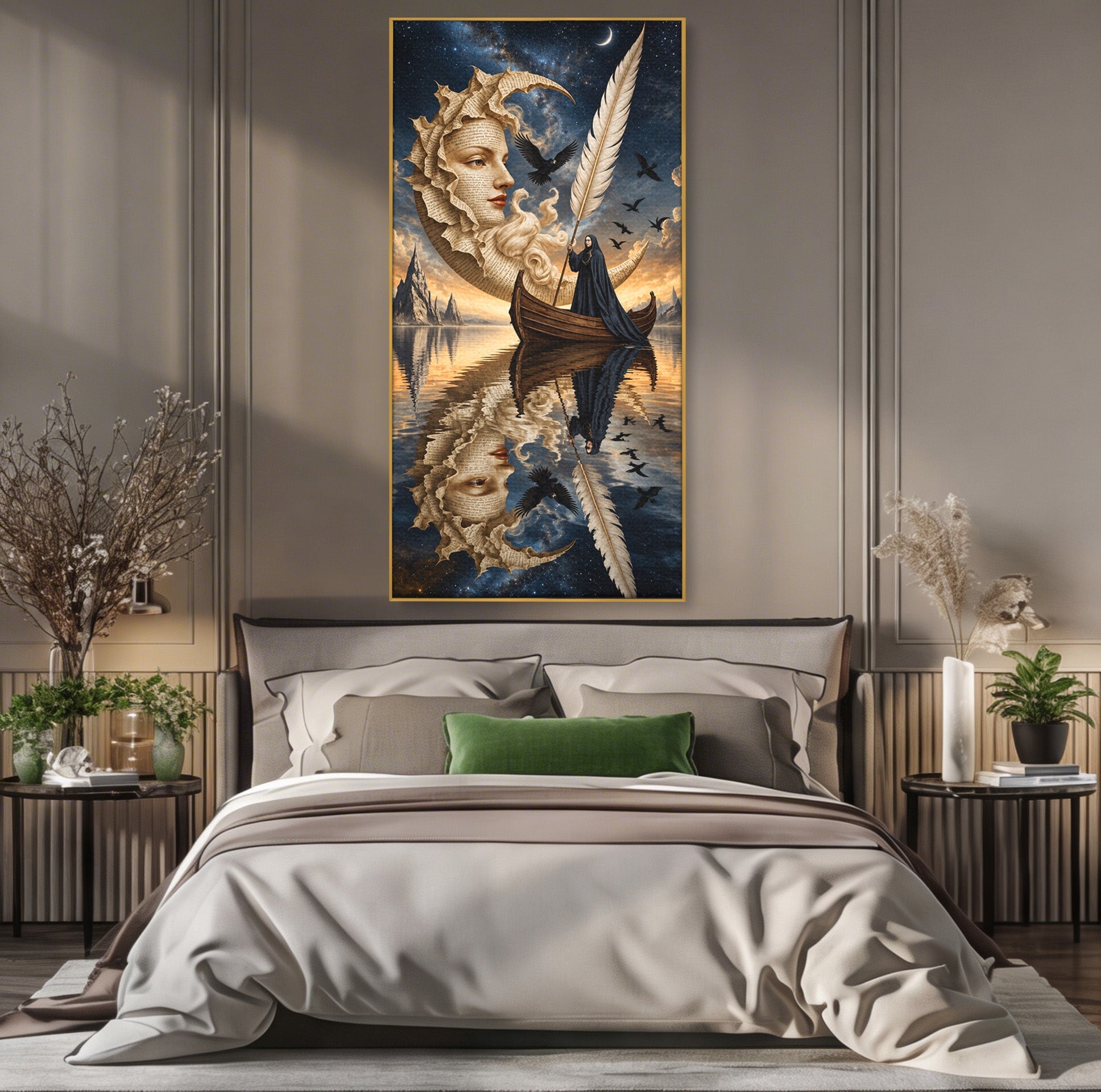 Tablou Canvas Premium LuxCanva® U1068, Barca Lunii Mistice, Luna, Barca, Mister, Visare, Living, Fantezie, Culori Vibrante