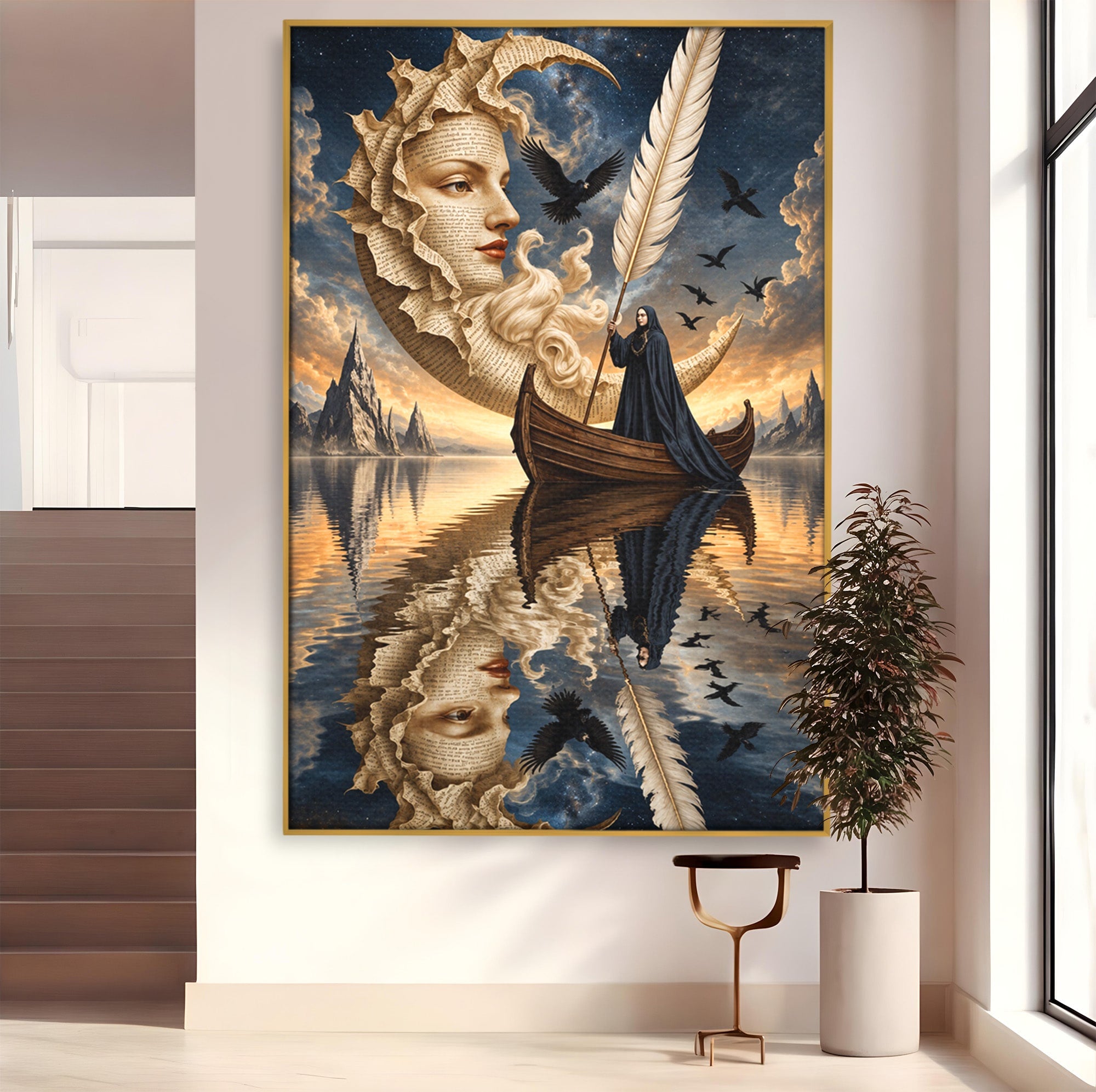 Tablou Canvas Premium LuxCanva® U1068, Barca Lunii Mistice, Luna, Barca, Mister, Visare, Living, Fantezie, Culori Vibrante