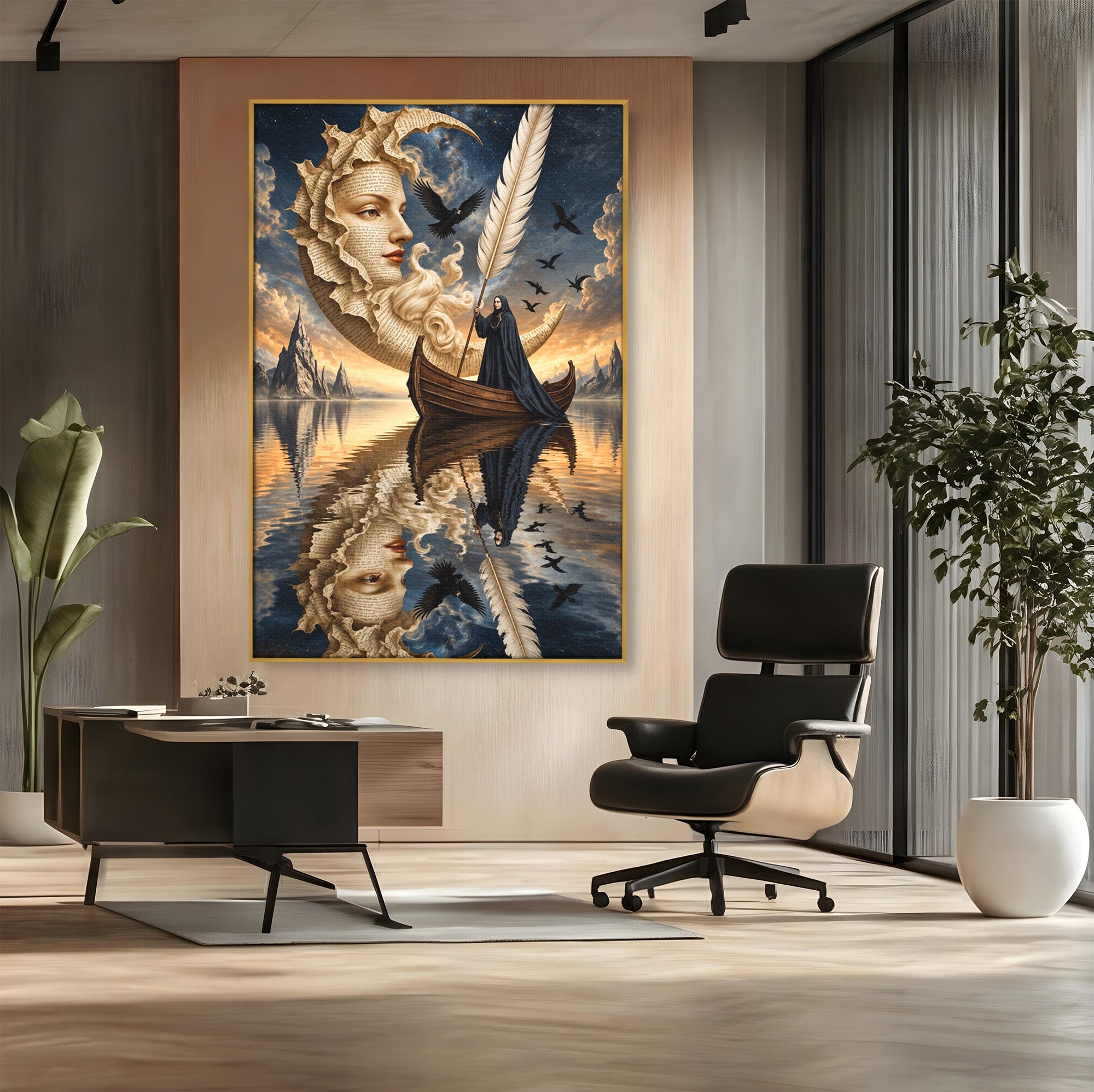 Tablou Canvas Premium LuxCanva® U1068, Barca Lunii Mistice, Luna, Barca, Mister, Visare, Living, Fantezie, Culori Vibrante